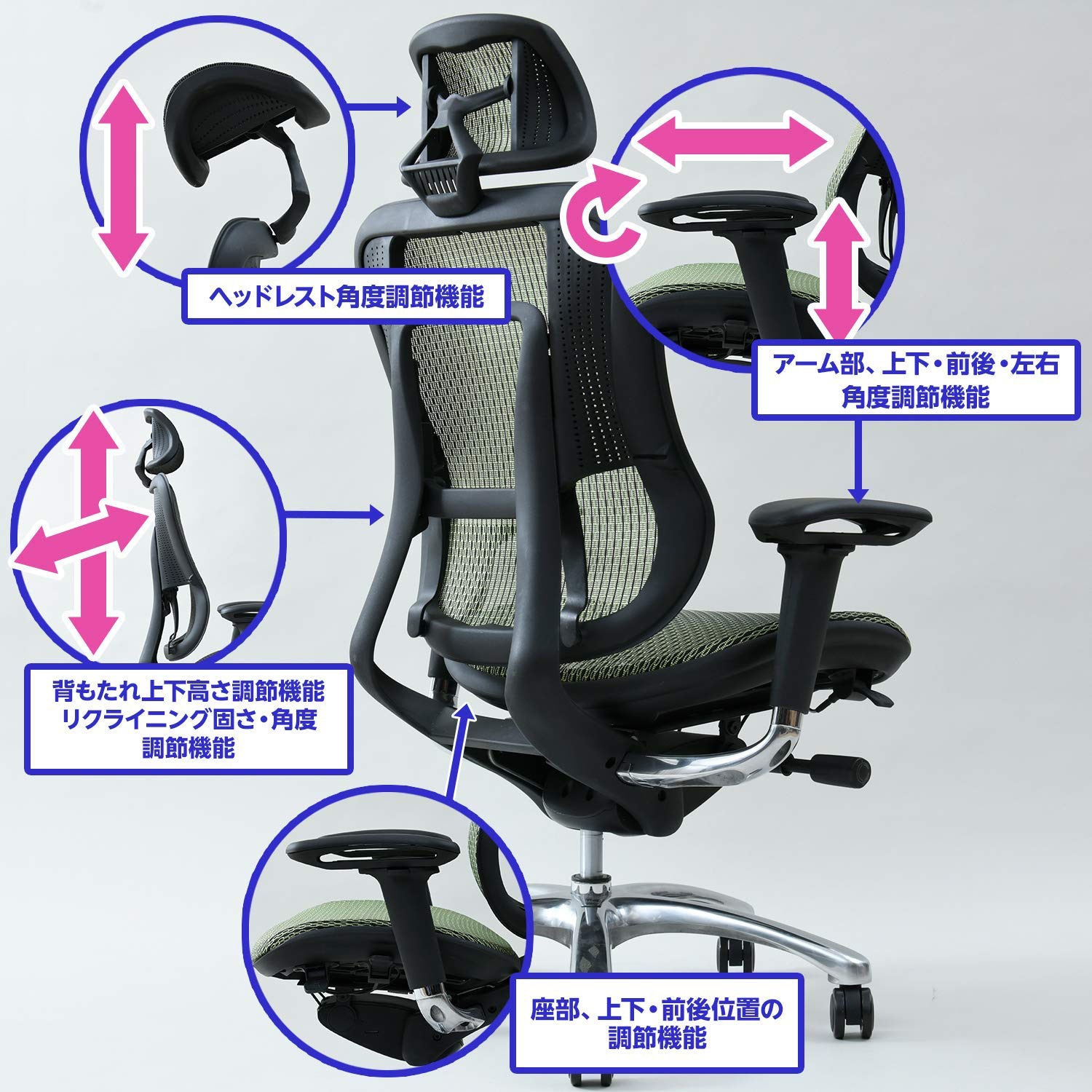 HEH-33(GR) オフィスチェア リクライニング 可動式アーム ヘッドレスト 