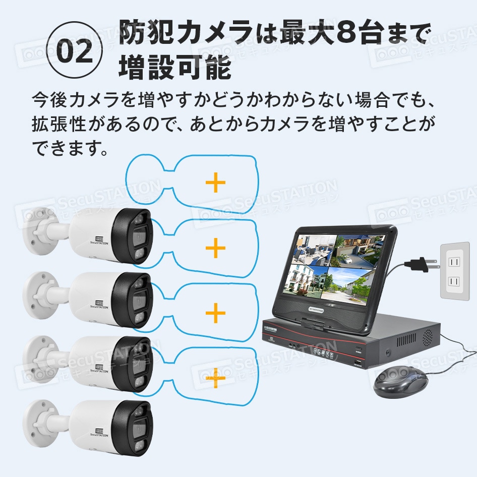 SC-DU85K-8W-500-4HD SecuSTATION モニター付POE8ch録画装置+500万画素防犯カメラ8台セット  SecuSTATION 防塵防水性能IP66 バレット型 HDD:4TB 質量303g モニターサイズ10.1インチ  SC-DU85K-8W-500-4HD - 【通販モノタロウ】