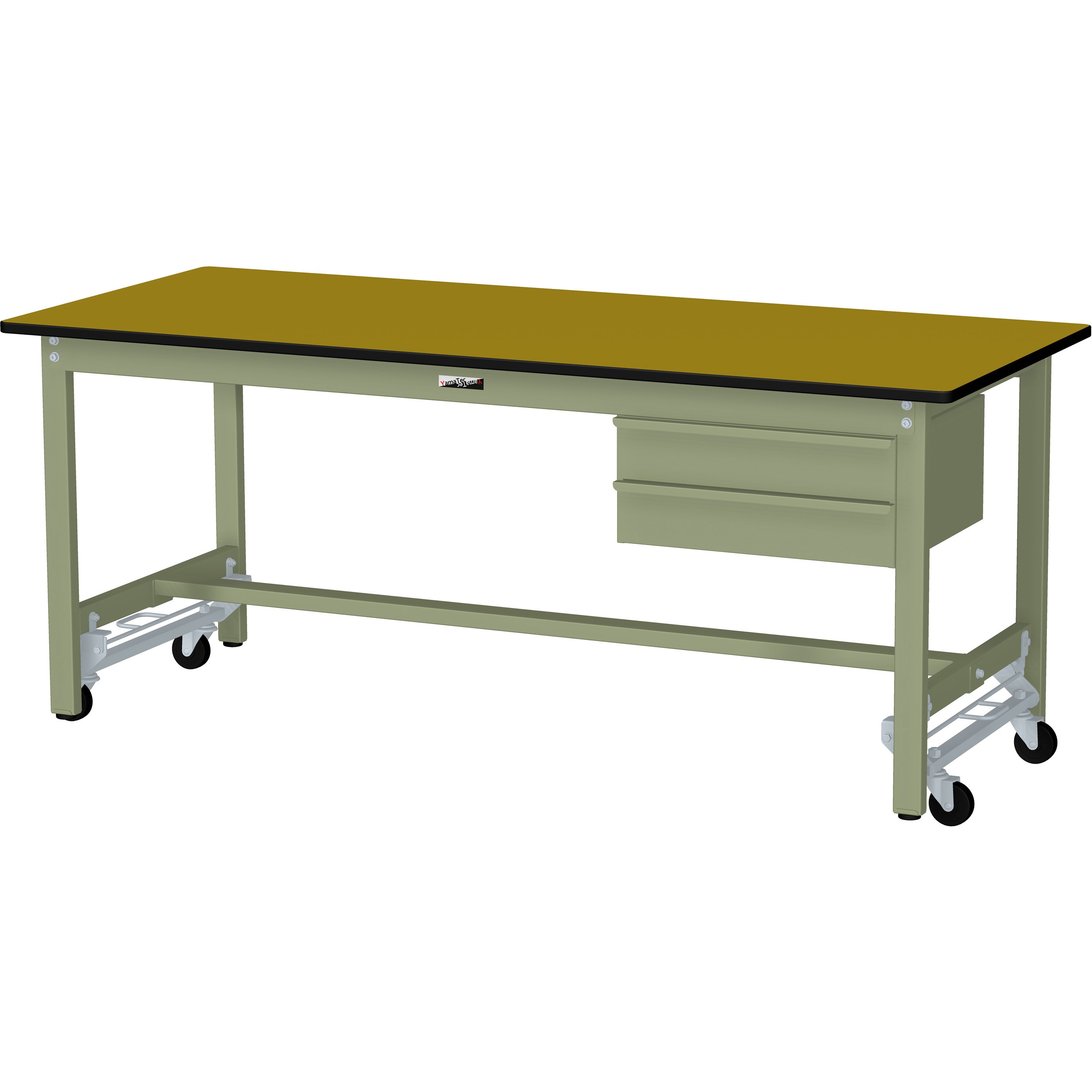 SWPU-1860-MG+D2-G ワークテーブルワンタッチ移動タイプH740(2段 深型)キャビネット付き 山金工業 ポリエステル製天板 木目柄 間口1800mm奥行600mm