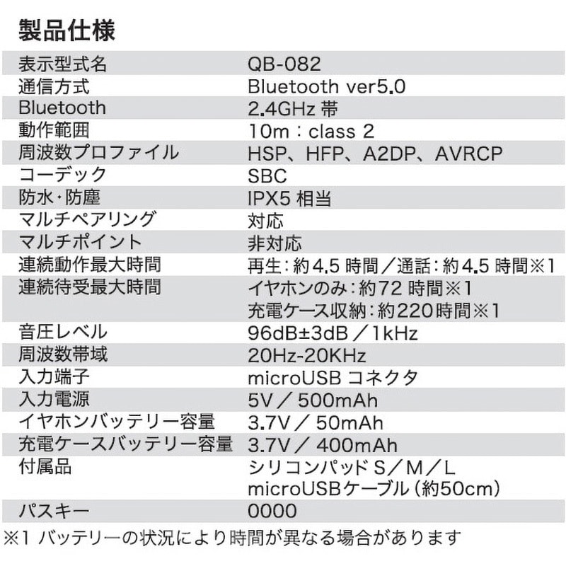 QB-082WH Bluetooth 5.0 ワイヤレス イヤホン 軽量 防水IPX4 1個 QB-082WH Bluetooth 5.0 ワイヤレス イヤホン 軽量 防水IPX4 1個