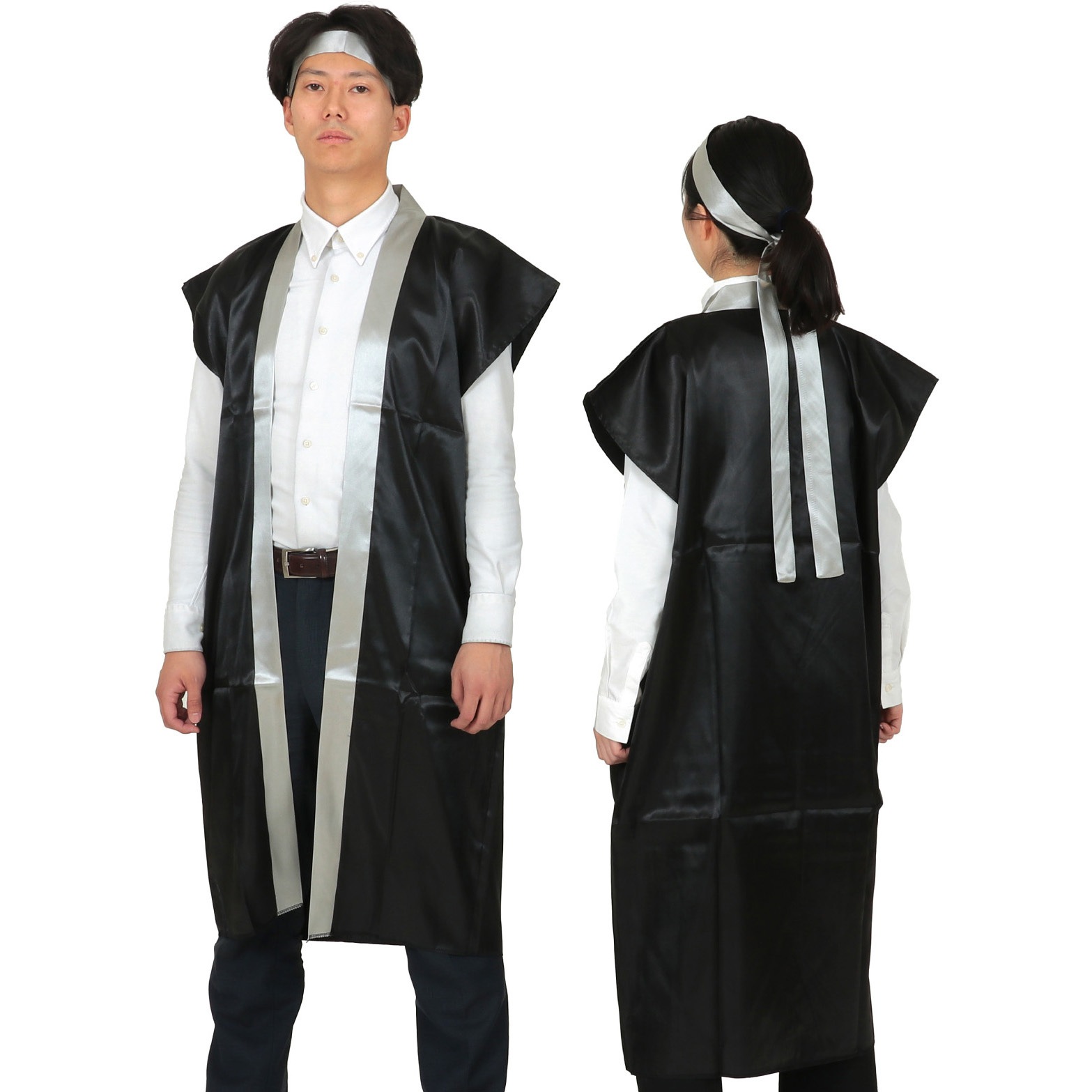 ソフトサテン ロングハッピ 黒 襟銀 L ハチマキ付(1枚) 14454 ソフトサテンロングハッピ(ハチマキ付) アーテック[学校教材