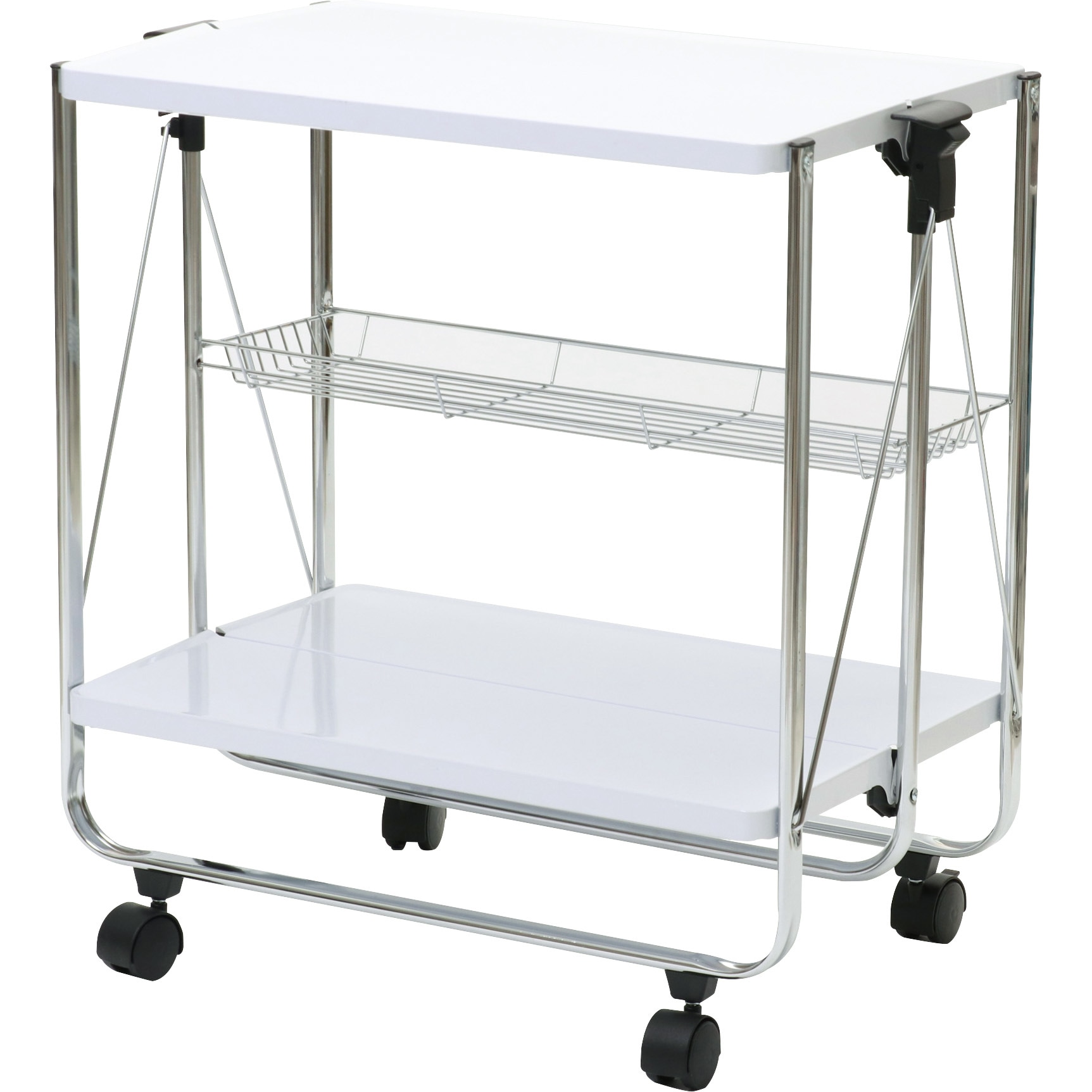 ホワイト 折りたたみスチールワゴン キャスター付き　2段ラック サイドカー Amazon.co.jp: キッチンワゴン 組立不要 3段 折り畳み式 スチール