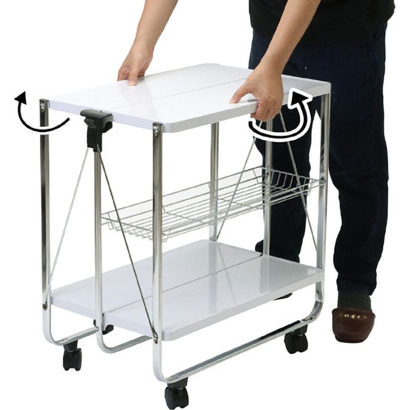 ホワイト 折りたたみスチールワゴン キャスター付き　2段ラック サイドカー zdzwj-3c-01.jpg