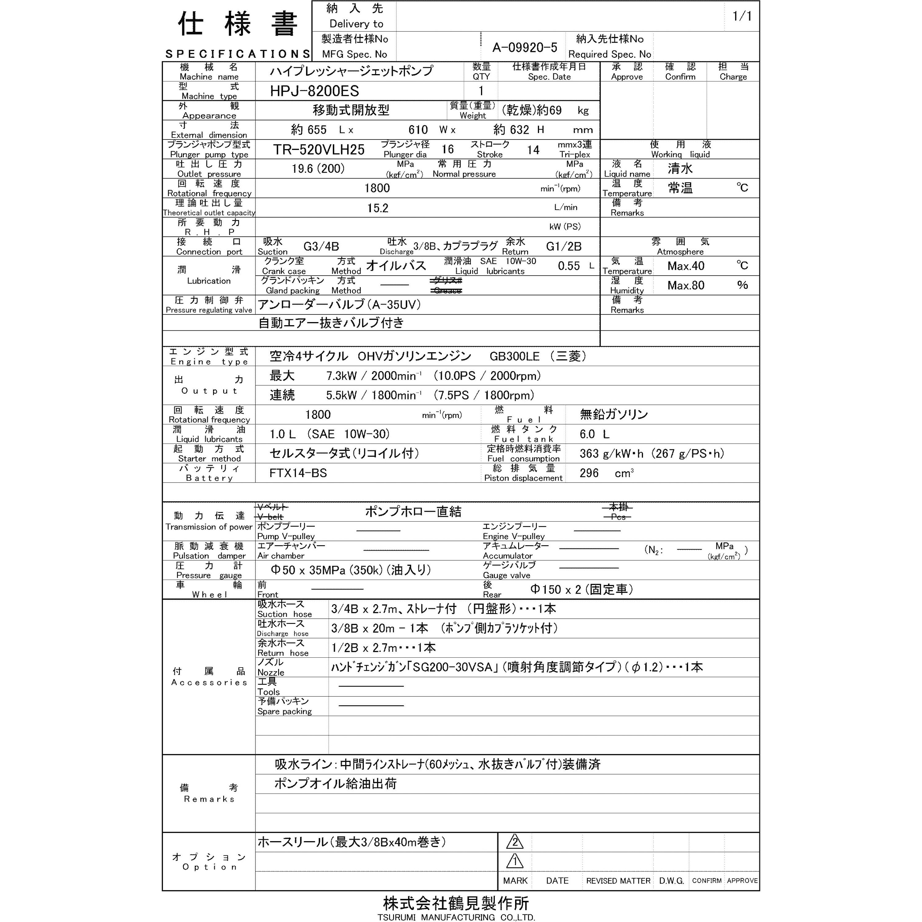H∆﻿L@プロフィール要確認　オーダー HPJ-8200ES 高圧洗浄機 (エンジン駆動・エンジン直結セルスタータ