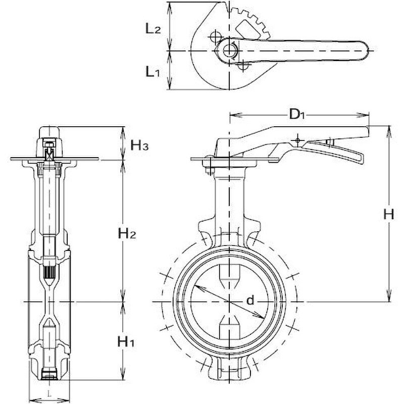 10L1-N-U 10K 球状黒鉛鋳鉄製バタフライバルブ 一体形 ロングネック