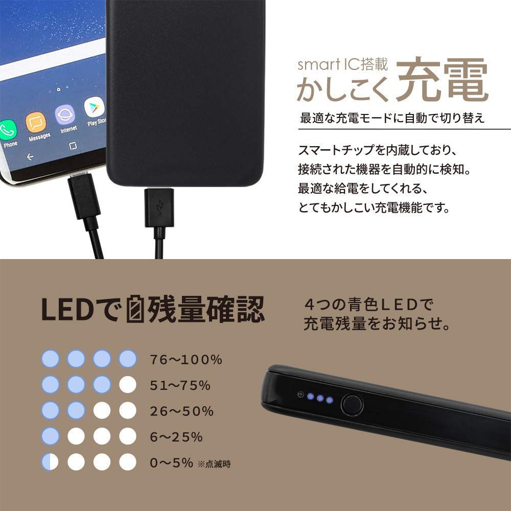 OWL-LPB5012-BK USB Type-Cケーブル付属 小型軽量モバイルバッテリー