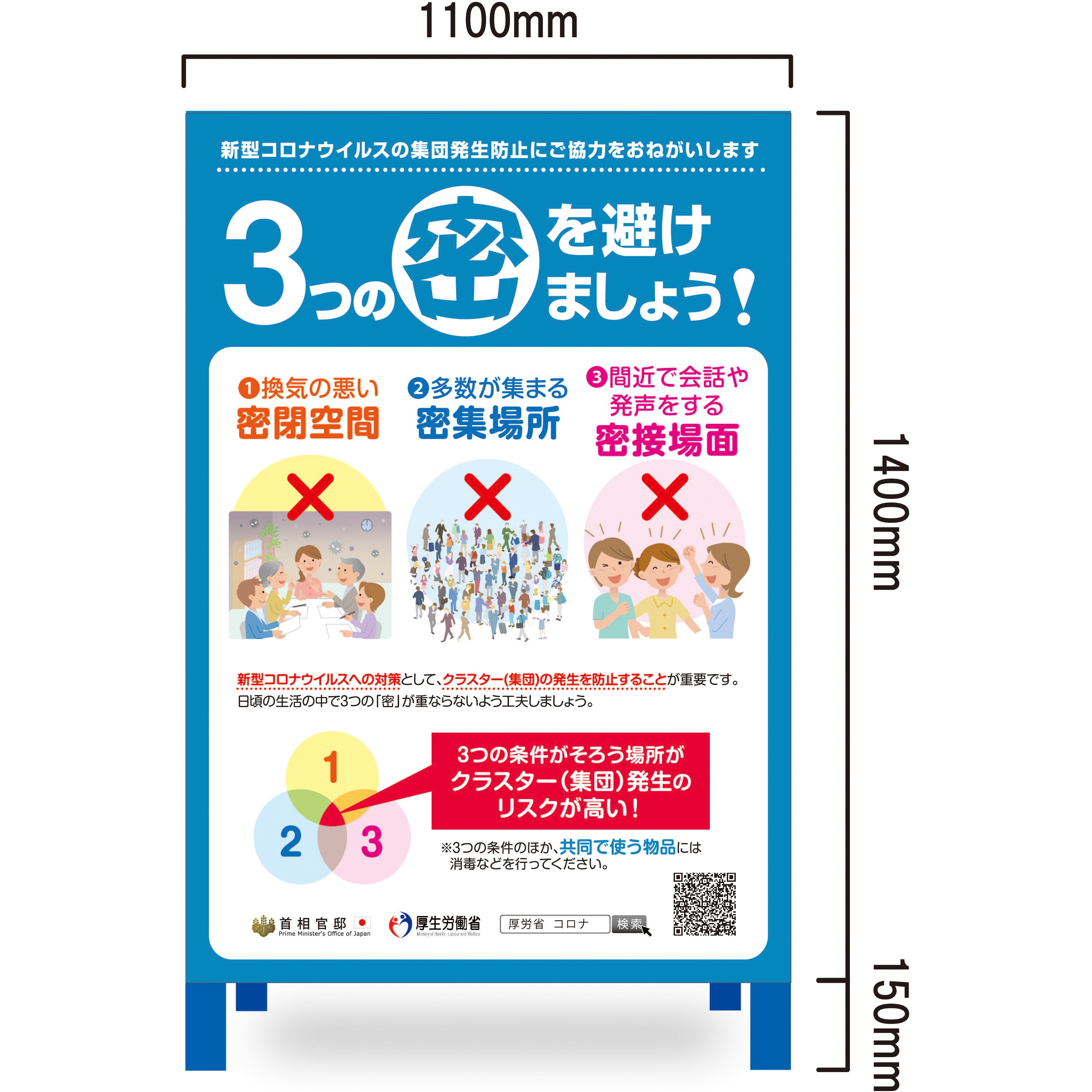 CRN-110140 コロナウィルス対策看板 3密回避 1台 ブラスト興業 【通販モノタロウ】