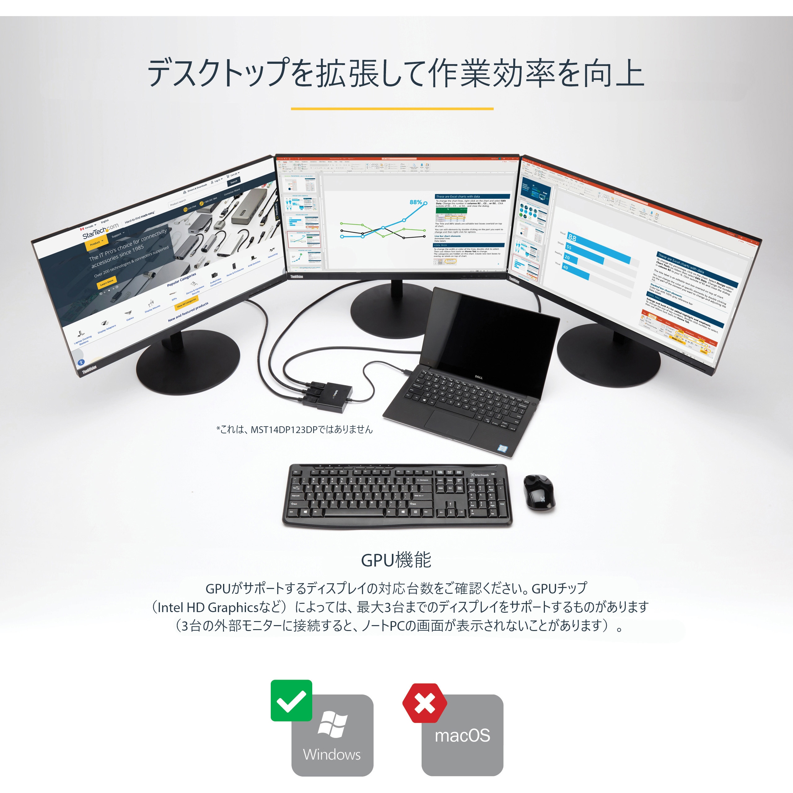 MST14DP123DP MSTハブ/DisplayPort 1.4接続/トリプルモニター/4K30Hz