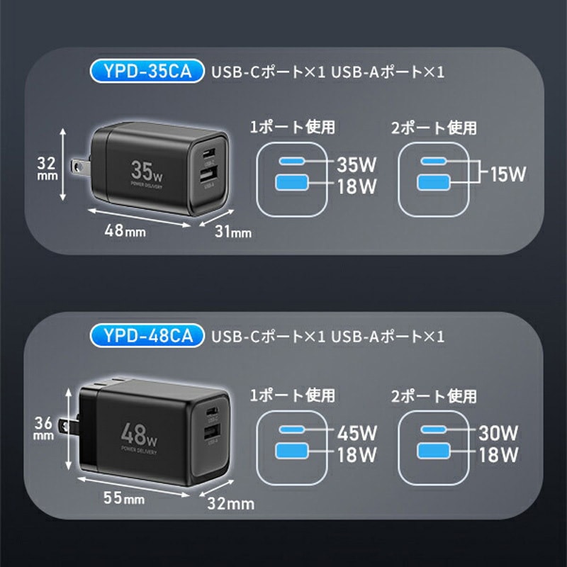 YPD-48CA PD対応 アダプター ケーブル 純正 充電器 20W/35W/48W/65W