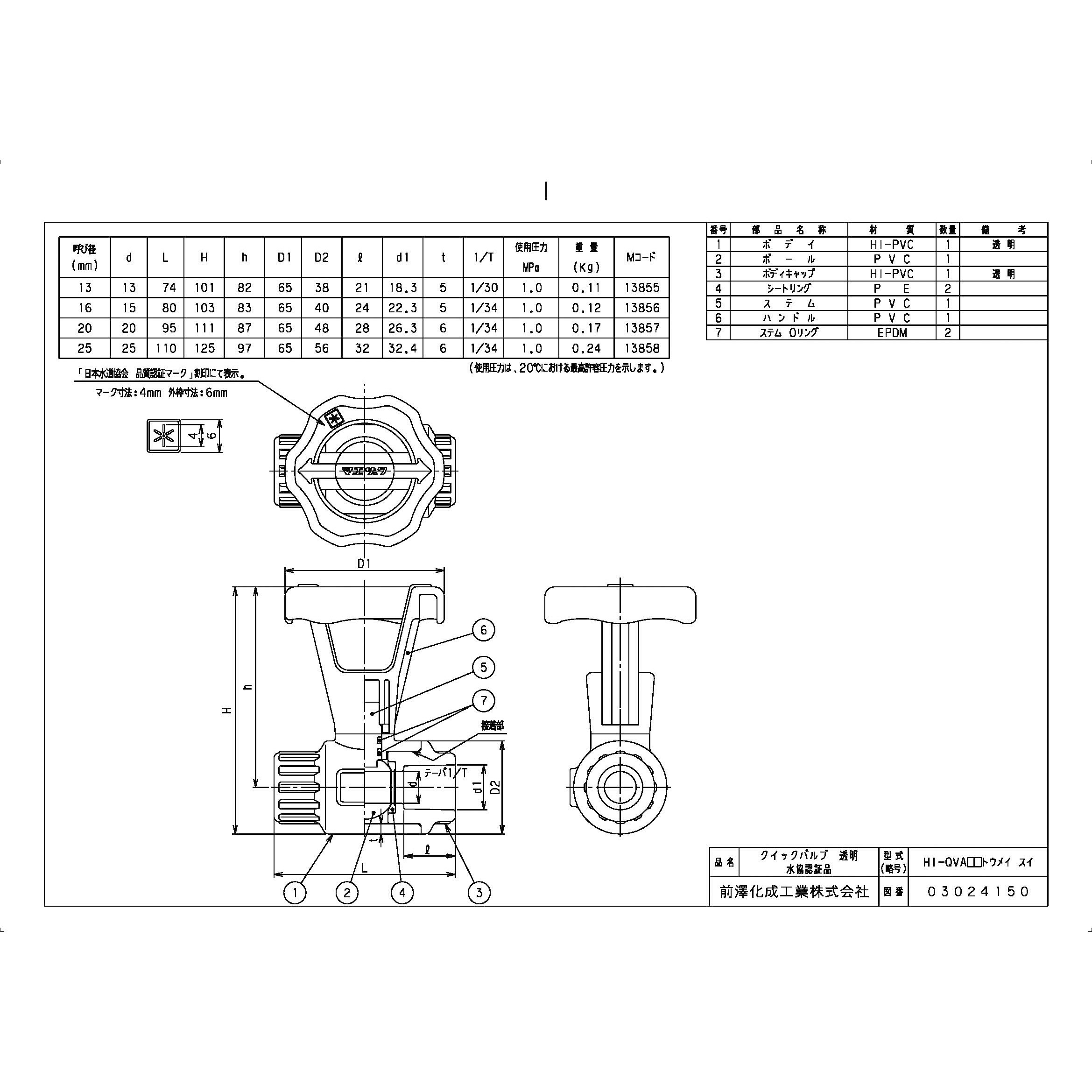 HI-QVA20透明 給水特殊継手 クイックバルブ HI-QVA 前澤化成工業 呼び径(B)3/4 - 【通販モノタロウ】