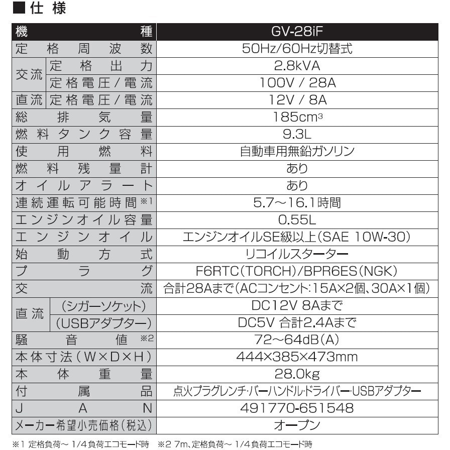 GV-28iF インバーター発電機 2.8KVA 工進 自動車用無鉛ガソリン