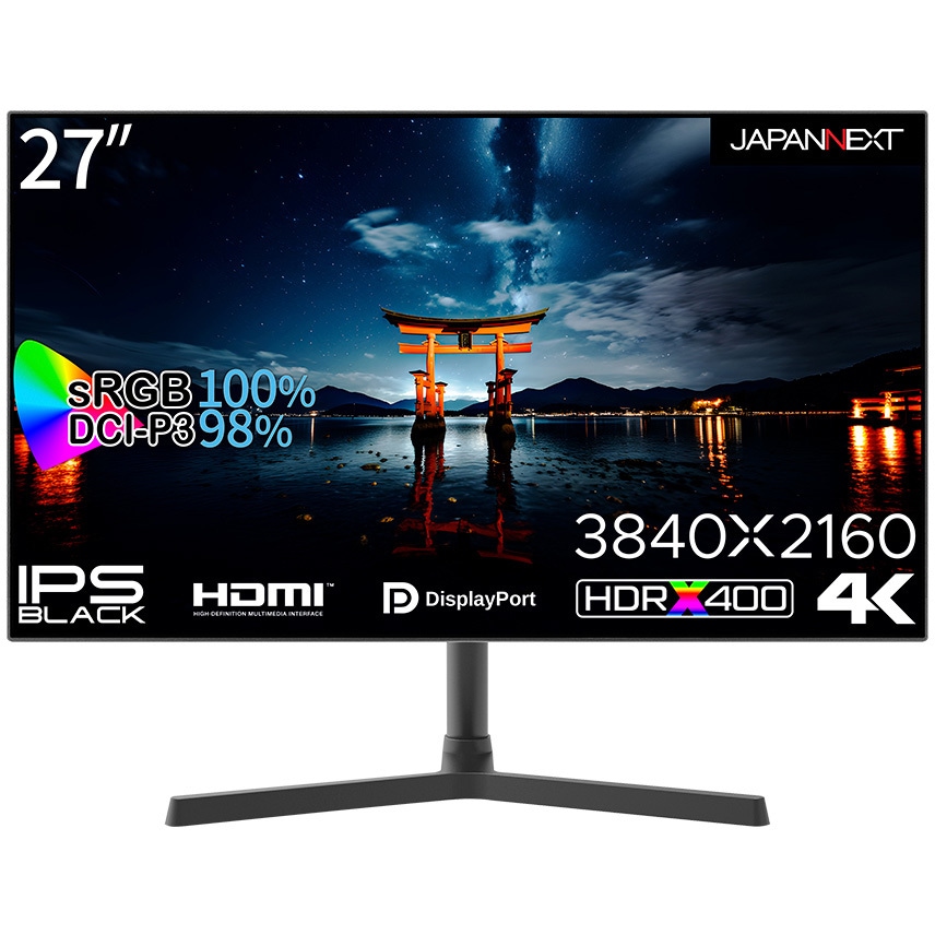JN-27IPSB4FLUHDR 液晶ディスプレイ 27型/3840×2160/DP×1、HDMI×2/ブラック/スピーカー：有 JAPANNEXT パネル駆動方式IPS BLACK 非光沢 フリッカーフリーYES