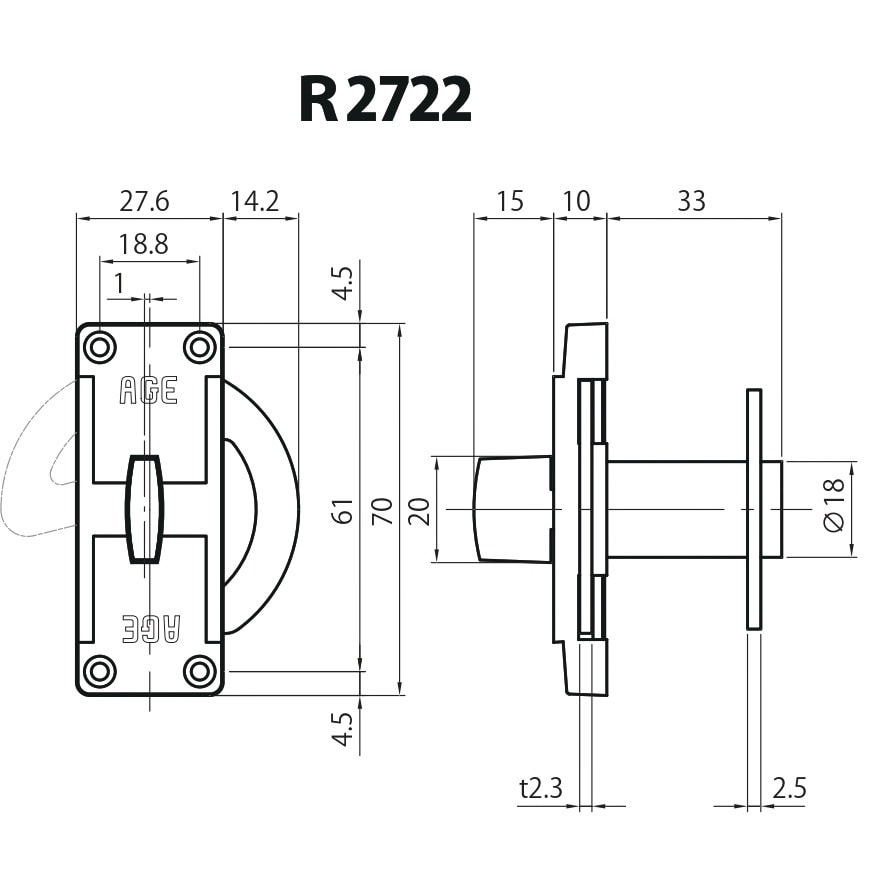 R2722 シリンダー鎌錠 ヒナカ(日中製作所) シルバー色 適合扉厚 R2722 シリンダー鎌錠 ヒナカ(日中製作所) シルバー色 適合扉厚