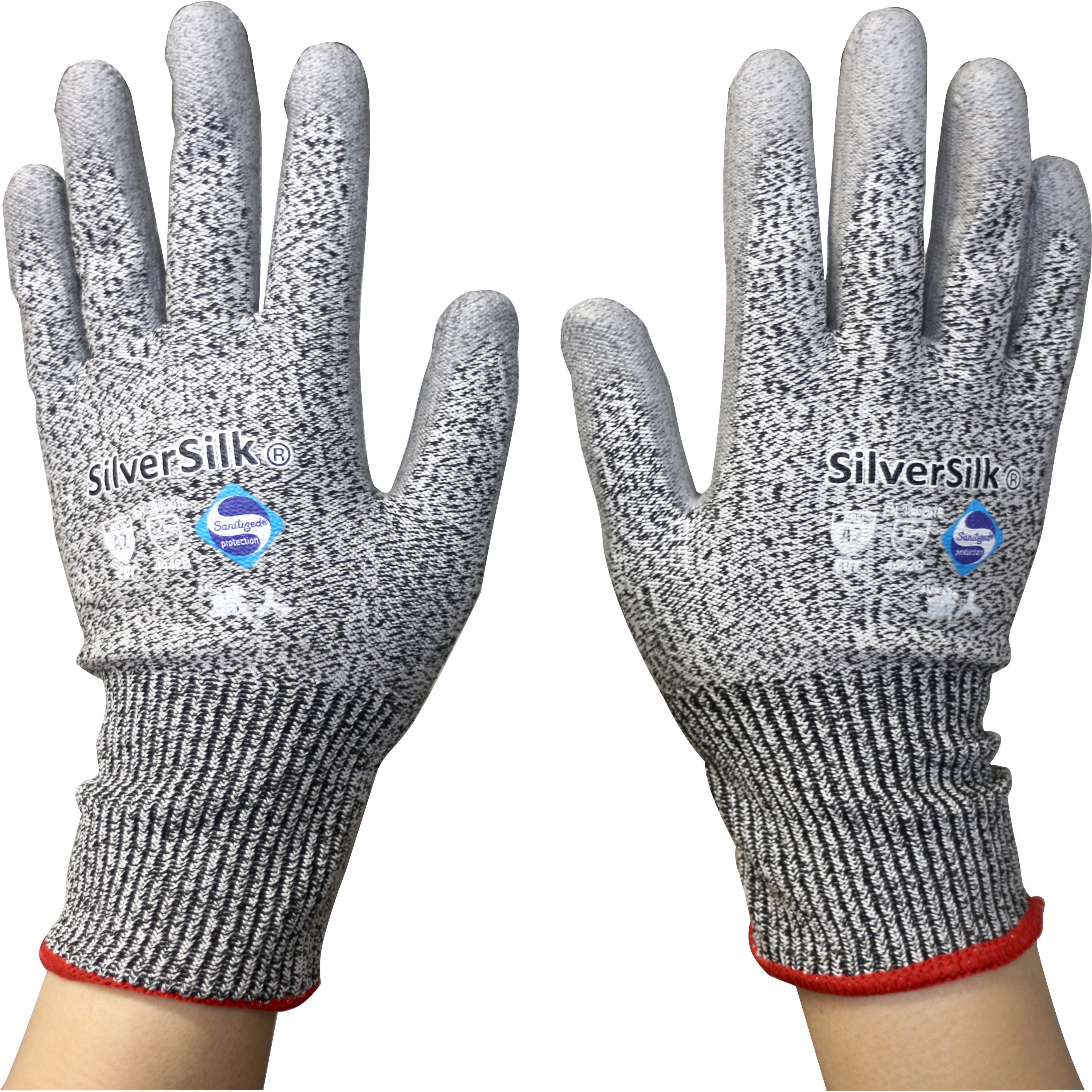 267 あんたが職人 耐切創PU背抜き手袋 シルバーシルク 天寿 13ゲージ