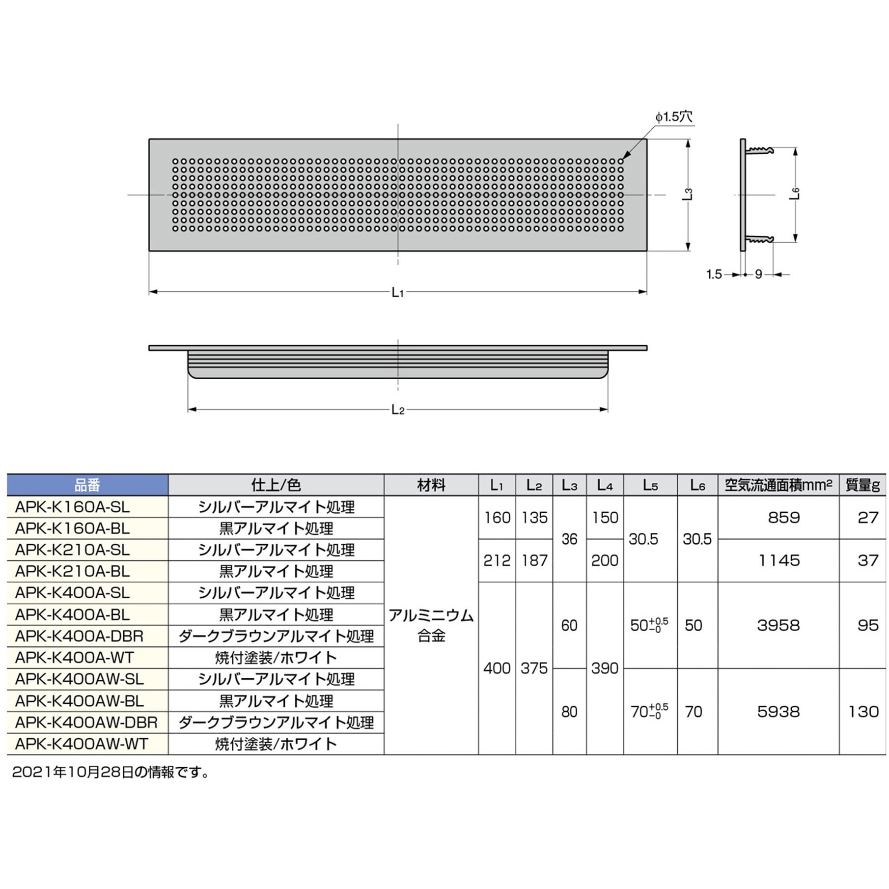 APK-K210A-SL アルミ合金製空気孔 APK-K型 LAMP(スガツネ) 角型