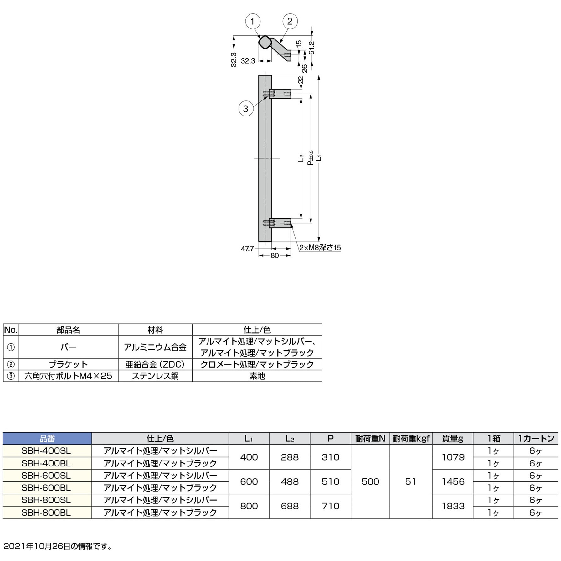 SBH-800BL マシナリーハンドル LAMP(スガツネ) アルマイト処理 高さ 