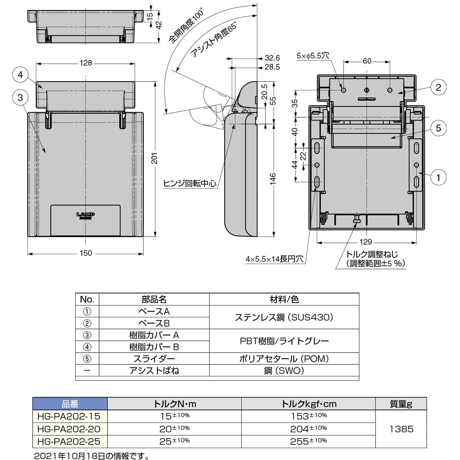 HG-PA202-20 パワーアシストヒンジ(背面付け) HG-PA202型 1個 スガツネ(LAMP) 【通販モノタロウ】