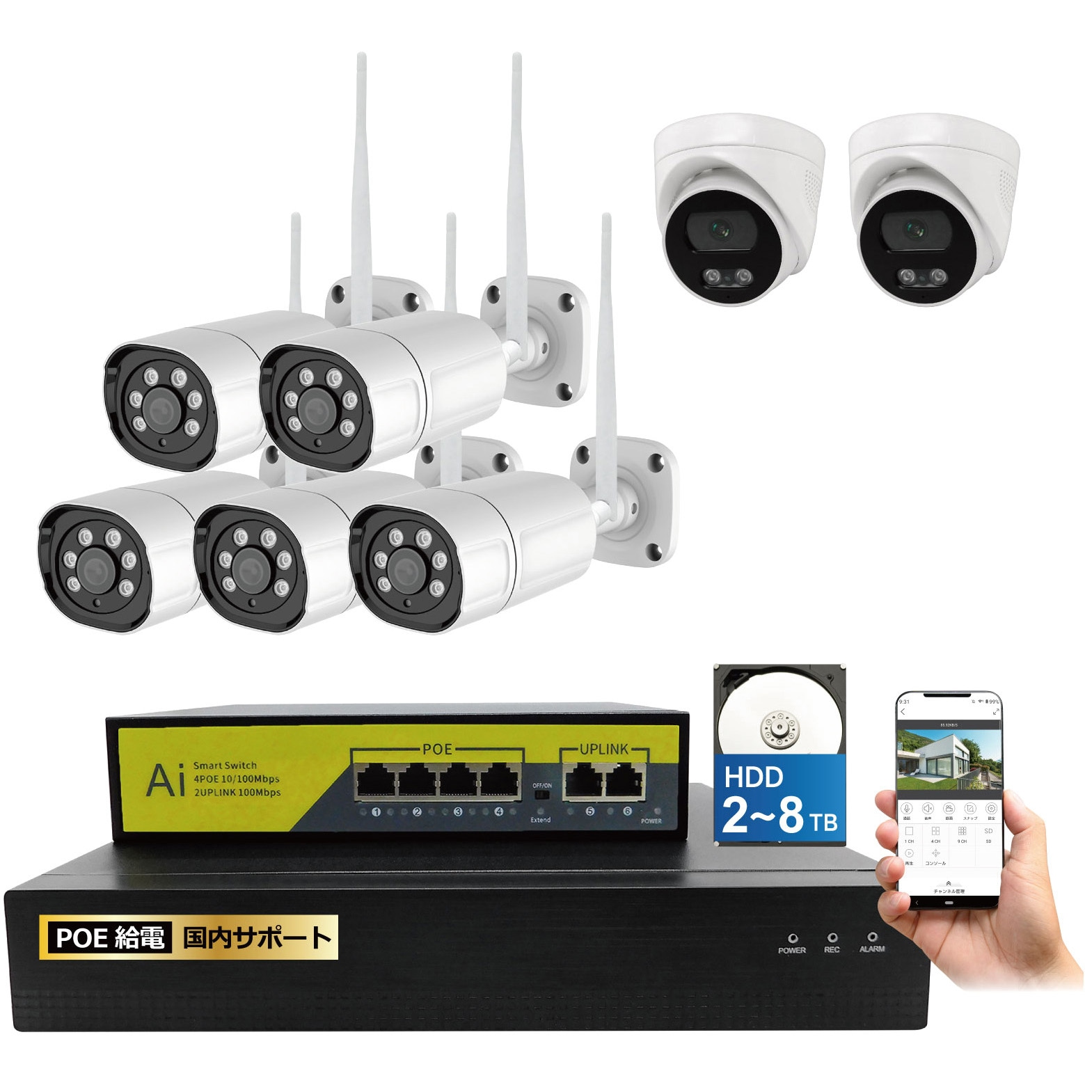 SEC-N-5K2FK-8T 4k(800万画素)PoEタイプNVR防犯カメラセット バレットカメラ5台 ドームカメラ2台、HDD8TB付き 1セット ブロードウォッチ 【通販モノタロウ】