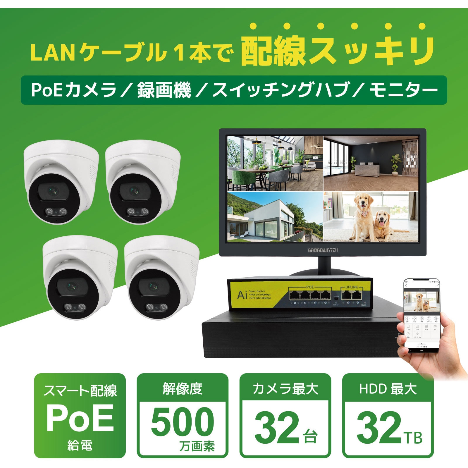 SEC-N-7FM-8T 400万画素PoEタイプNVR防犯カメラセット ドームカメラ7台、HDD8TB付き 1セット ブロードウォッチ 【通販モノタロウ】