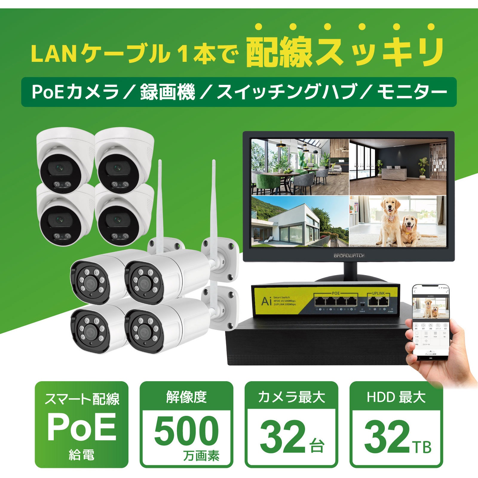 SEC-N-4M4FM-16L-4T 400万画素PoEタイプNVR防犯カメラセット バレットカメラ4台 ドームカメラ4台、15.6インチモニター、HDD4TB付き 1セット ブロードウォッチ 【通販モノタロウ】