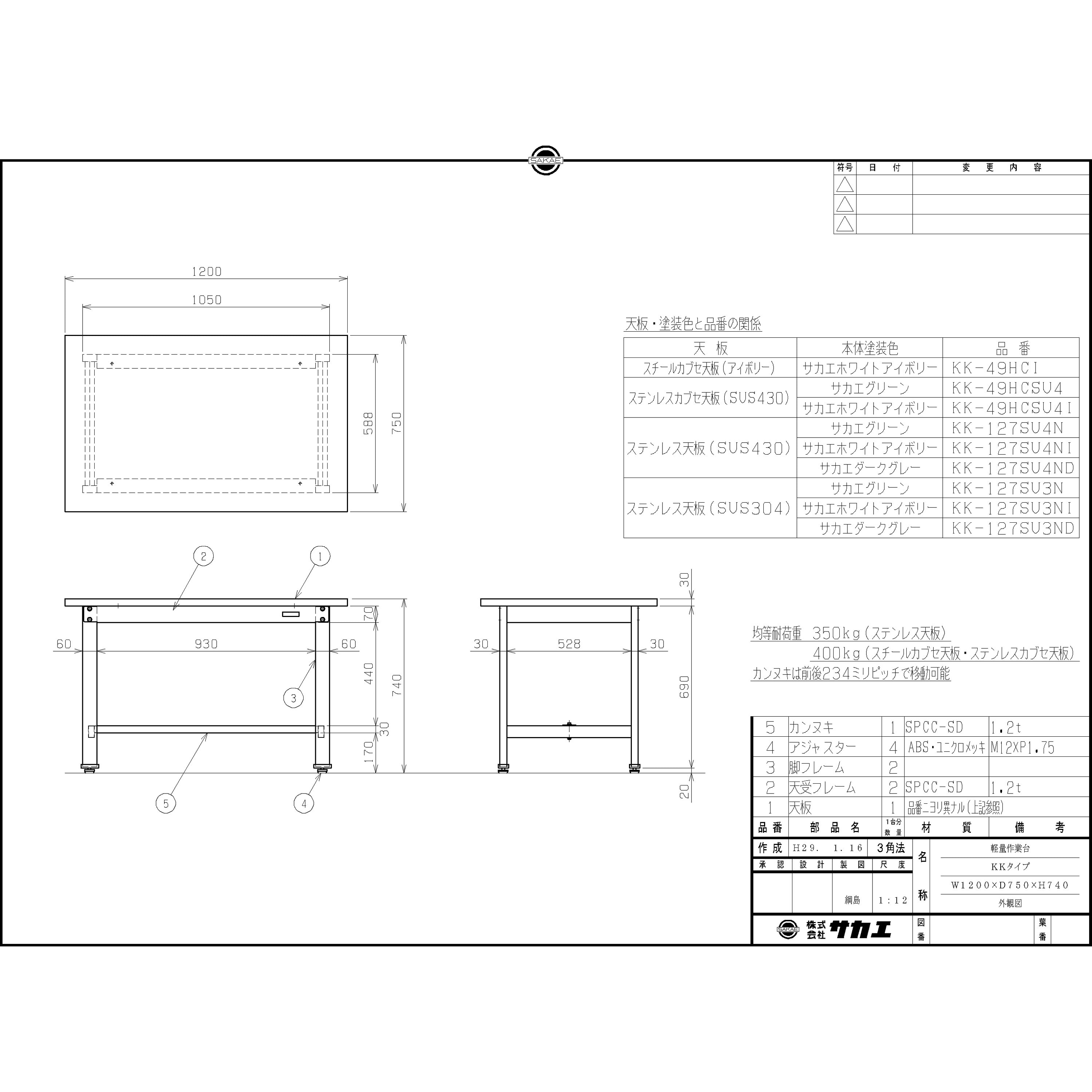 KK-127SU4NI 軽量作業台(KK/耐荷重400kg/ステンレス天板/H740