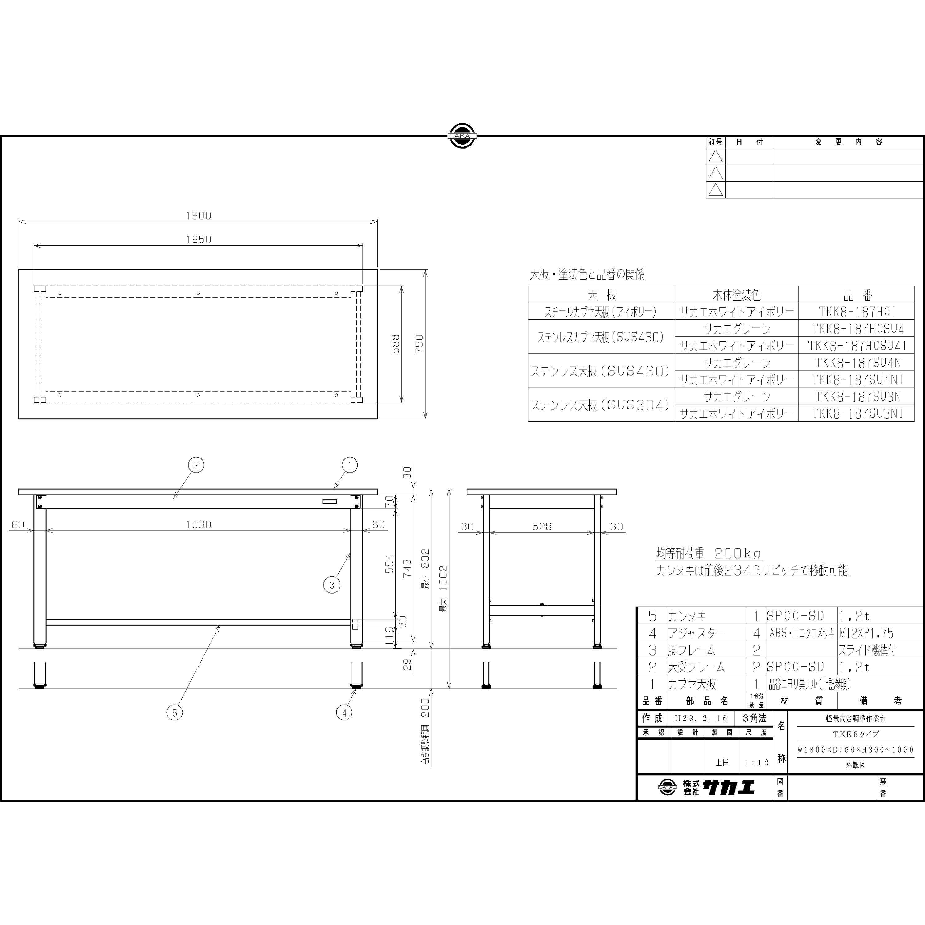 TKK8-187HCSU4I 軽量高さ調整作業台(TKK8/耐荷重200kg/ステンレス