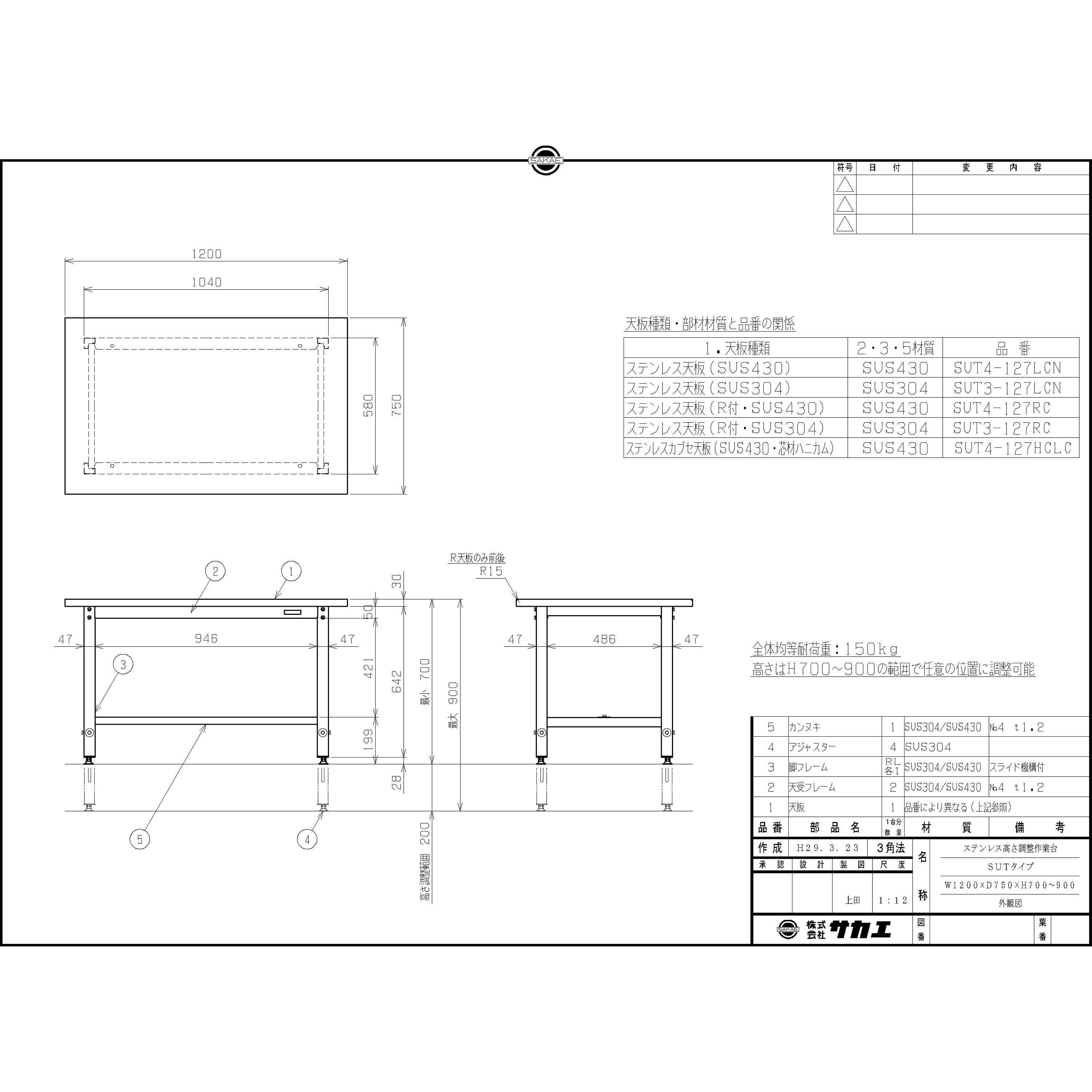 SUT3-127RC ステンレス高さ調整作業台(SUS304/R天板仕様) サカエ 間口