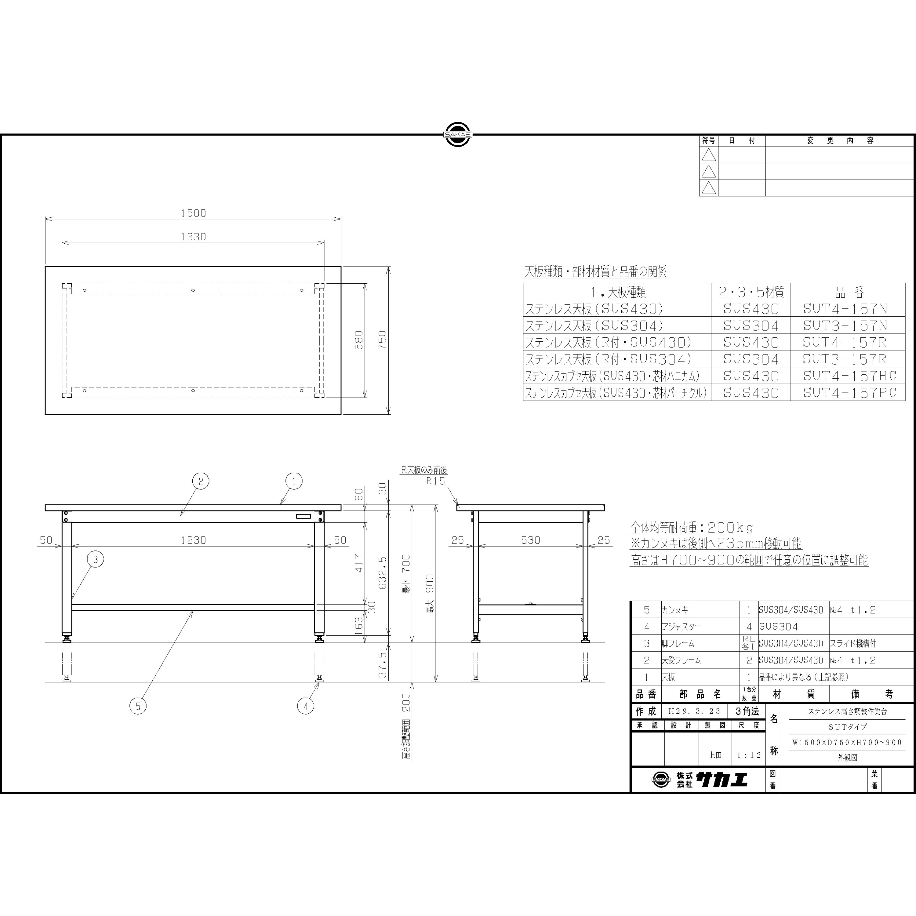 SUT4-157N ステンレス高さ調整作業台(SUS430) サカエ 間口1500mm
