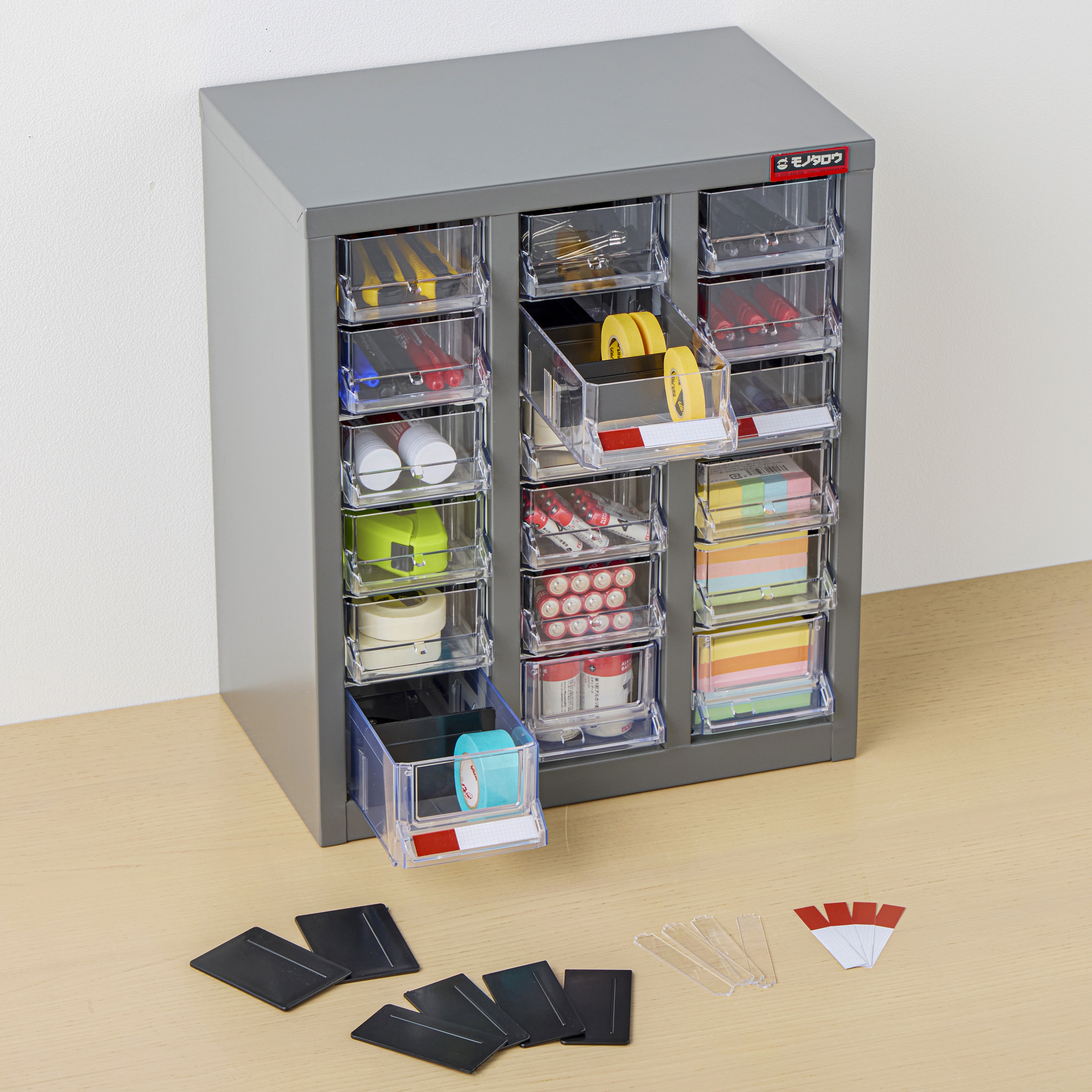 パーツキャビネット スチール製 浅型 モノタロウ グレー色 引出し数3列