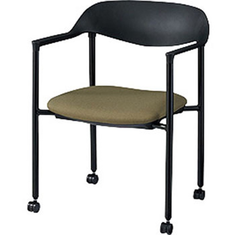 E368C-B1-OGR ミーティングチェアー(肘付) E368型 ナイキ スタッキング床積3脚 レザ- オリーブグリーン色 ブラック 高さ743mm幅573mm奥行507mm