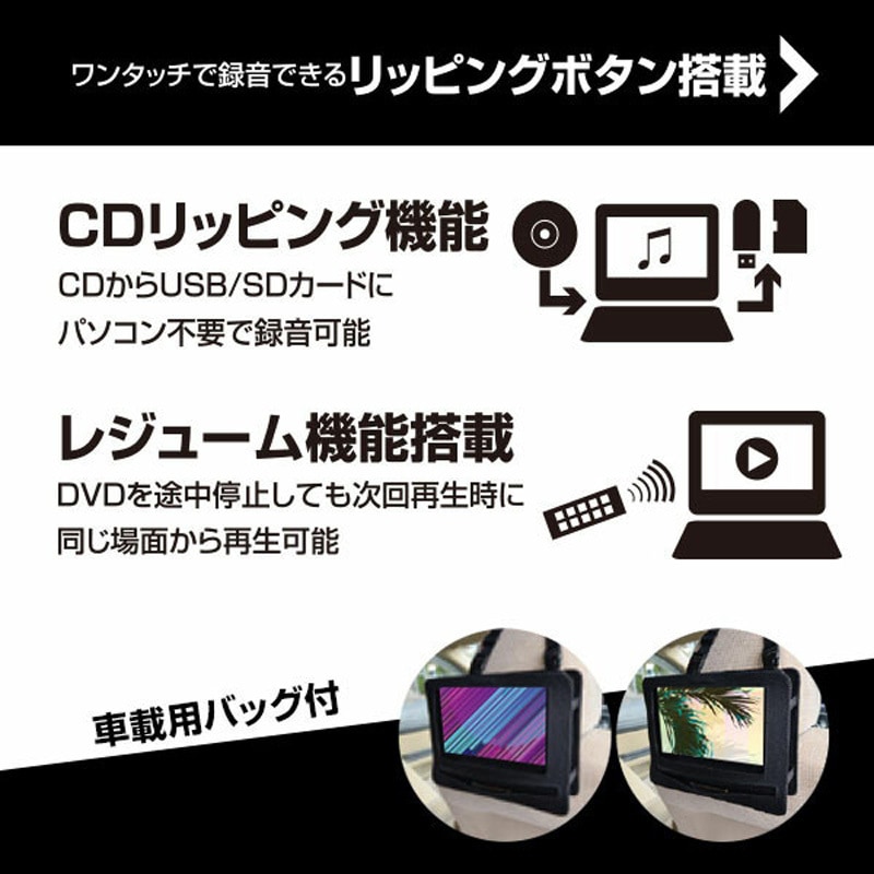 CPD-NC70(B) ポータブルDVDプレーヤー 4電源 CDリッピング機能