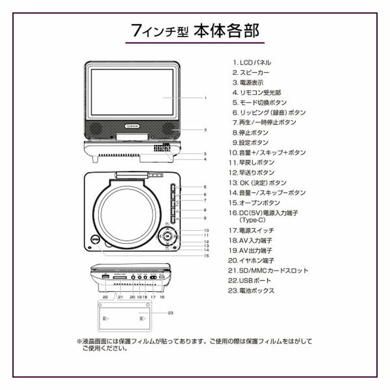 CPD-NC70(B) ポータブルDVDプレーヤー 4電源 CDリッピング機能