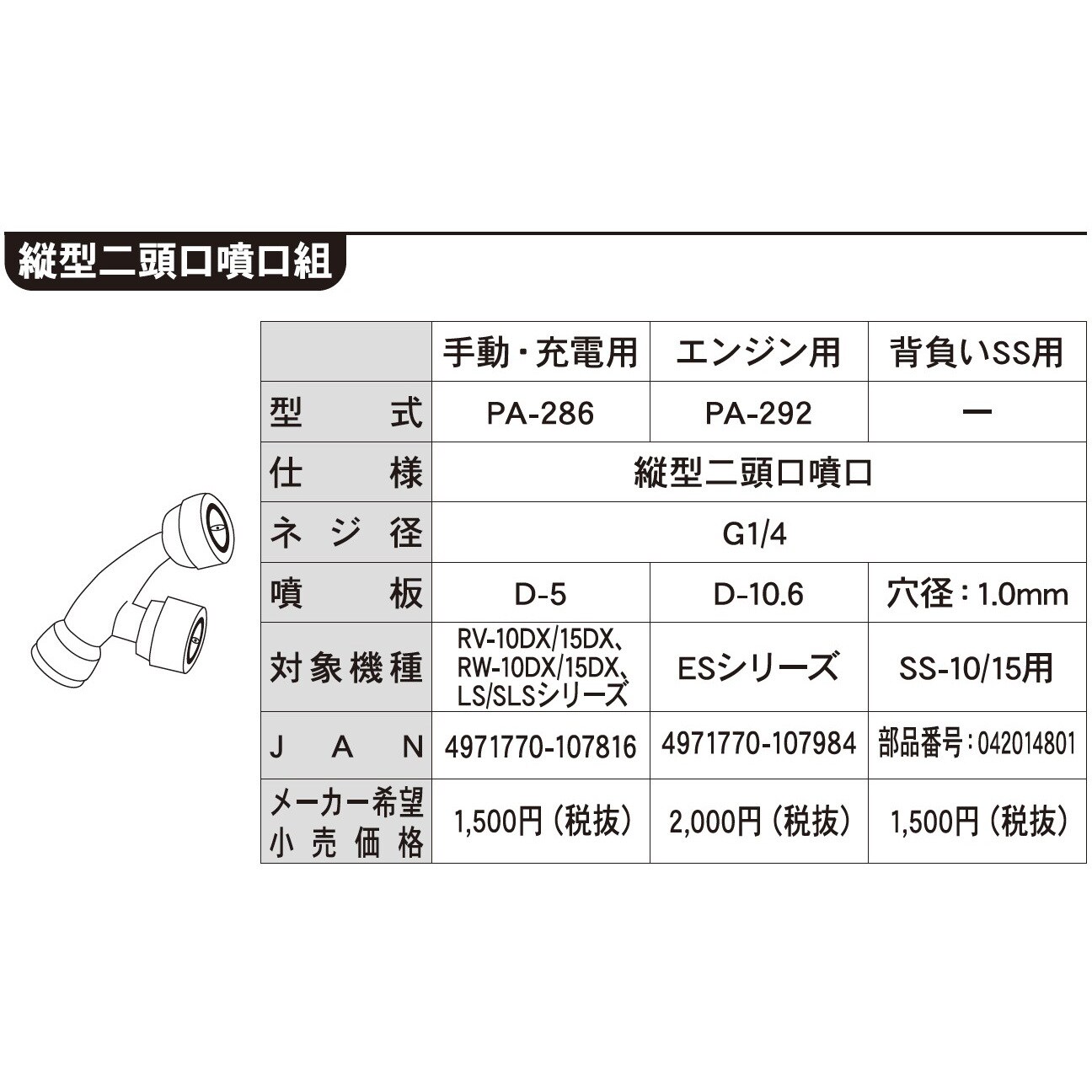 PA-292 工進噴霧器用 縦型2頭口噴口 G1/4ネジ 工進 動力式噴霧器 PA-292 工進噴霧器用 縦型2頭口噴口 G1/4ネジ 工進 動力式噴霧器