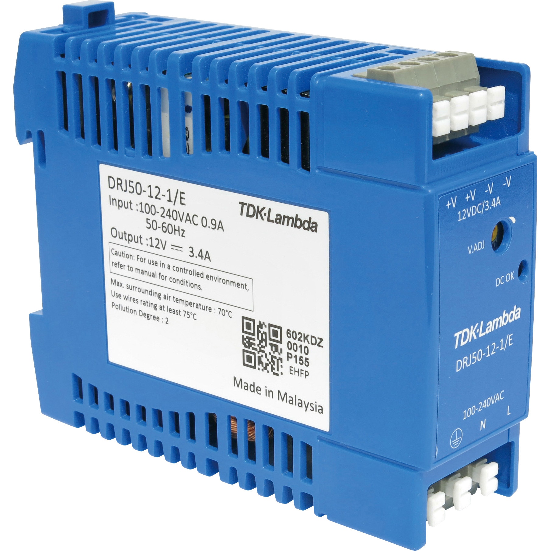 DRJ50-12-1E DINレール取付専用ユニット型電源 DRJ 50W ヨーロッパ端子 TDKラムダ 入力電圧範囲AC85～264/DC120～370V
