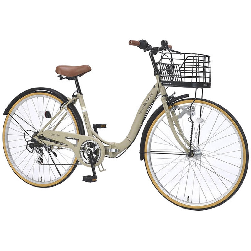 MC509-SA 26インチ折りたたみシティサイクル シマノ製6段変速 かご LEDオートライト リング錠 MC509 MYPALLAS サンドベージュ色