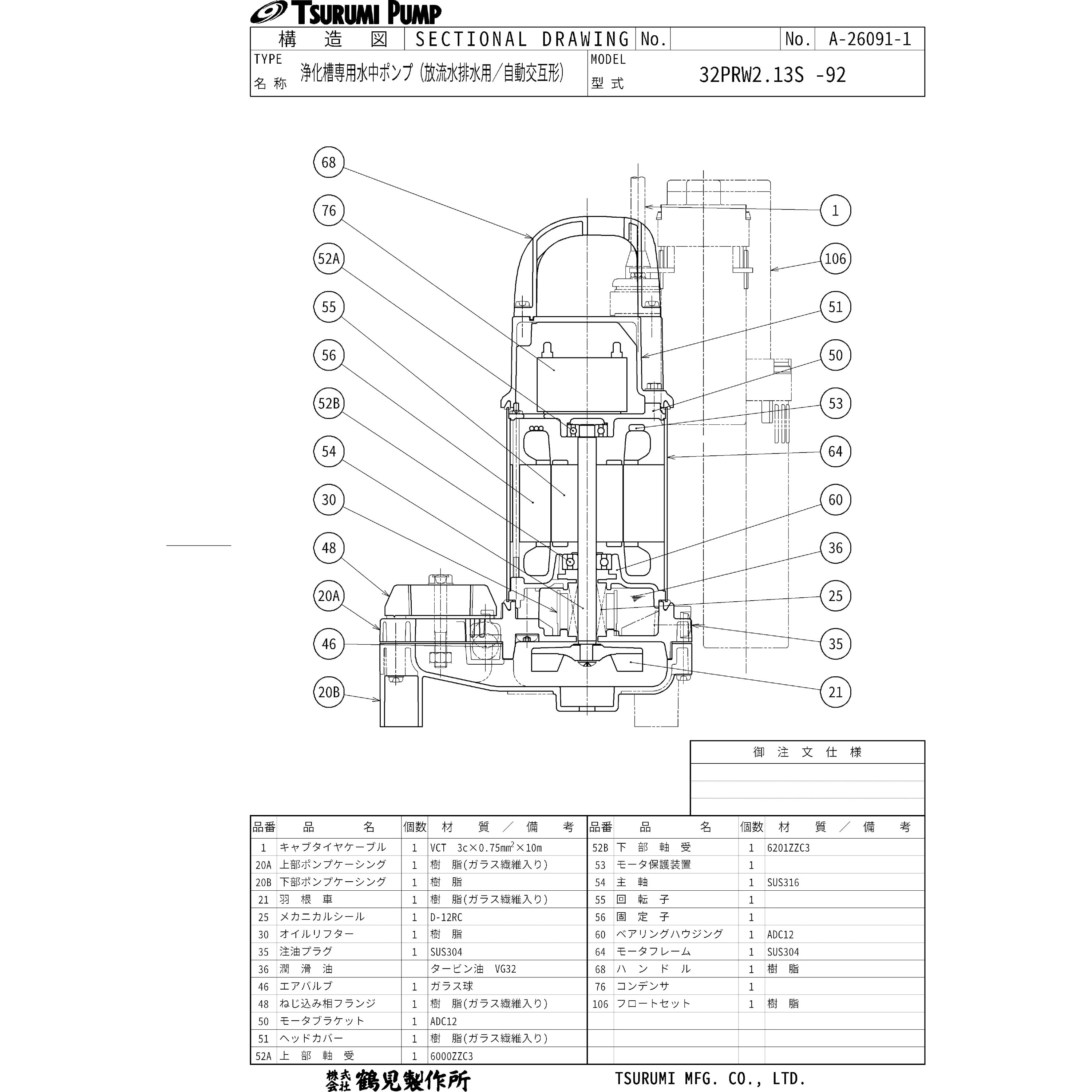 32PRW2.13S 浄化槽専用放流ポンプ PRA型・PRW型 鶴見製作所 ハイスピン 単相100V 吐出量0.08m<sup>3</sup>/min  自動交互形 吐出口径32mm - 【通販モノタロウ】