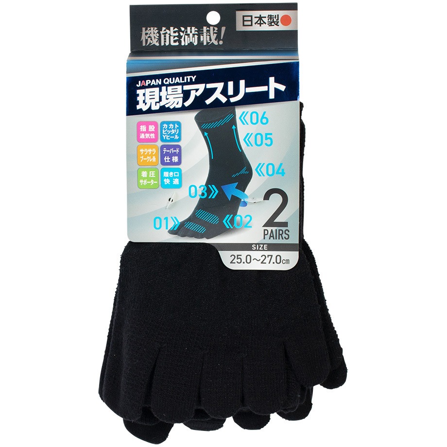 1615-BK 現場アスリート カカト付5本指 クルー丈 2足組 ユニワールド