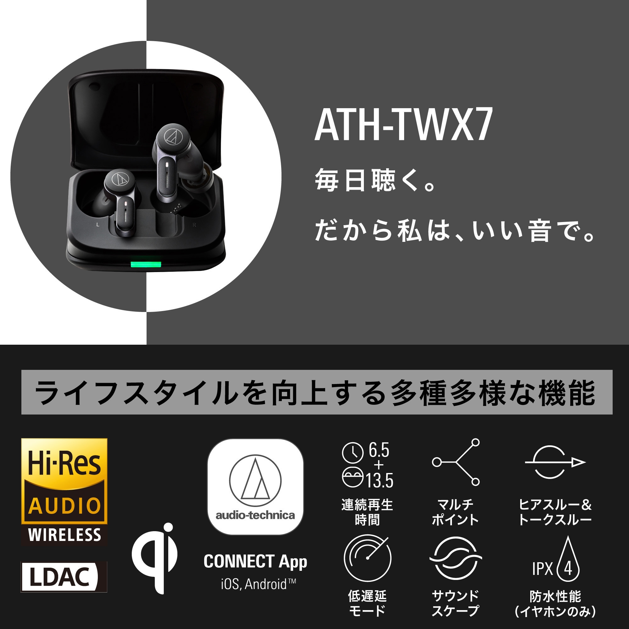 ATH-TWX7 BK ワイヤレスイヤホン audio-technica ブラック色 ATH-TWX7