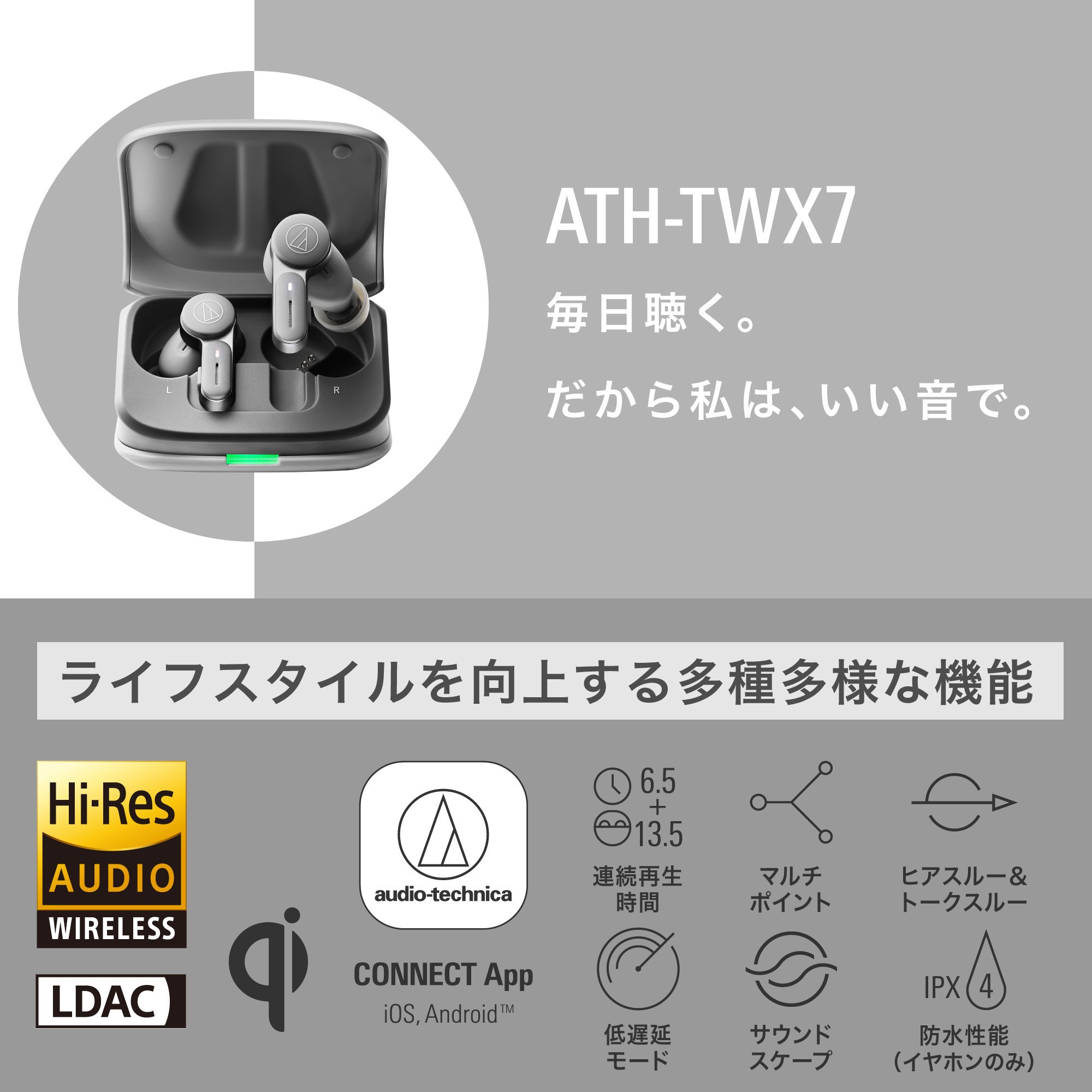 ATH-TWX7 GY ワイヤレスイヤホン audio-technica グレー色 ATH-TWX7 GY