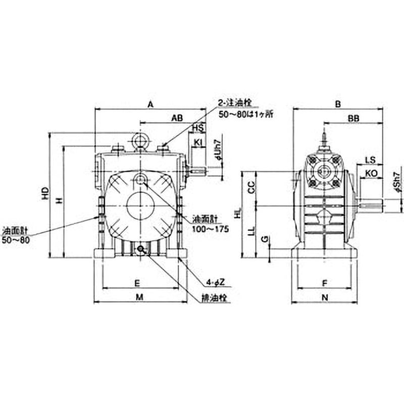 一段ウォーム減速機(中実軸)Sシリーズ W50型 脚取付 右側 W 50R 60