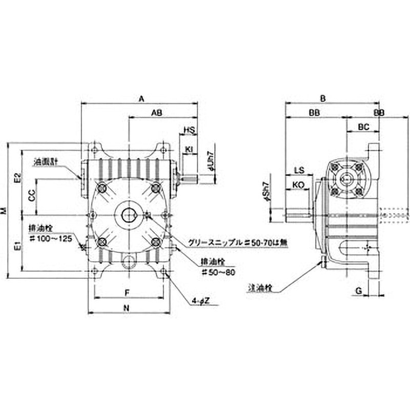 K 50LD 10 一段ウォーム減速機(中実軸)Sシリーズ K50型 マキシンコー 脚取付 左側下側   K 50LD 10