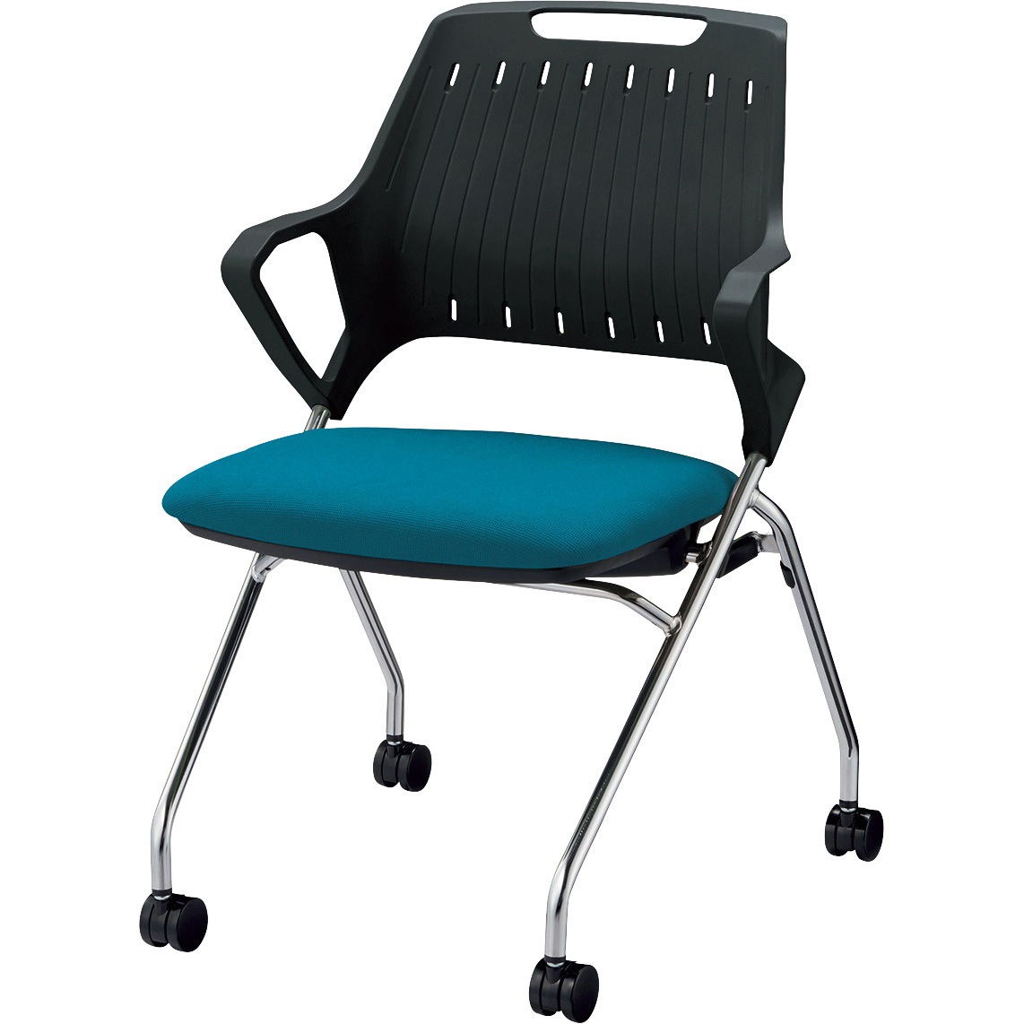 No.3990NF-K ミーティング用チェアー(レピス) LION (ライオン事務器) ターコイズブルー色 メッキ脚・肘付 質量7.1kg 幅545mm奥行574mm高さ802mm