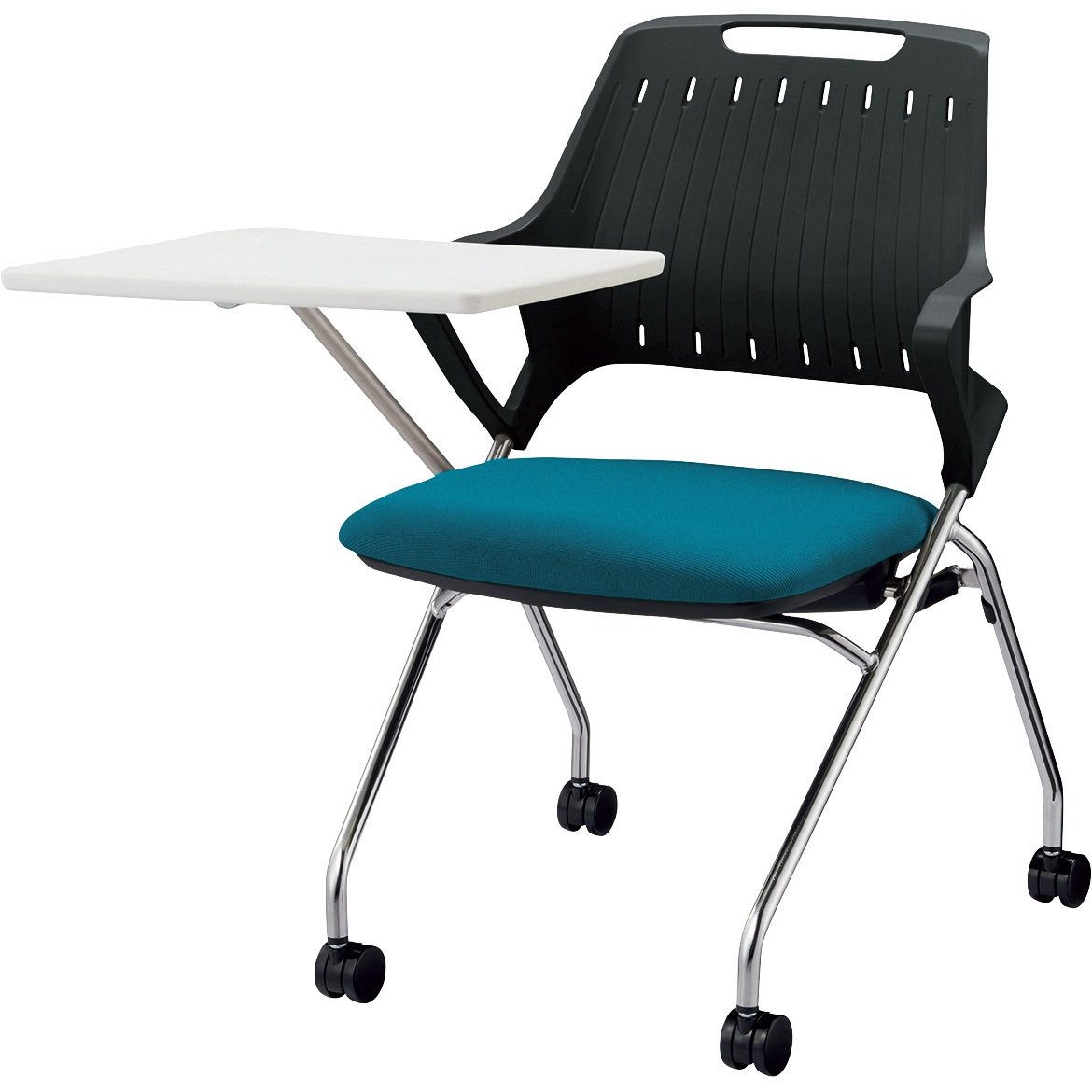 No.3991NF-K ミーティング用チェアー(レピス) LION (ライオン事務器) ターコイズブルー色 メッキ脚・メモ台付 質量10.5kg 幅680mm奥行797mm高さ802mm