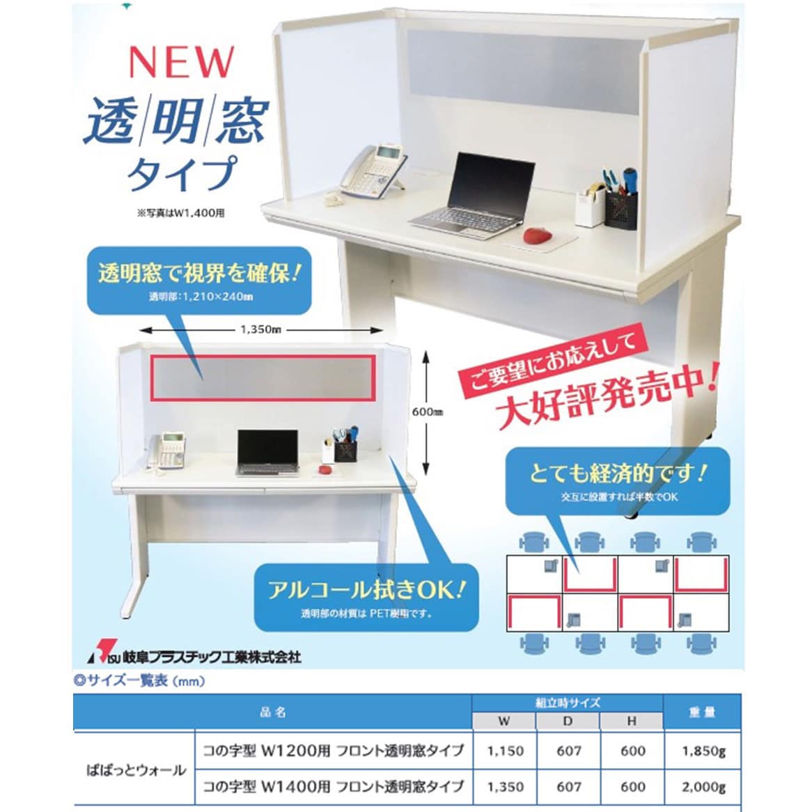 ぱぱっとウォール コの字型 W1400用 前面透明窓タイプ ぱぱっと