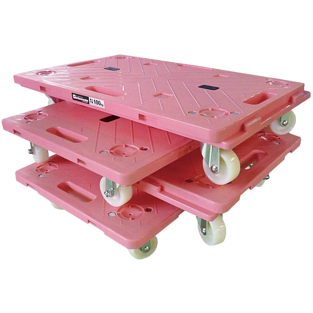 RSK6040P×4 連結平台車 楽走くん 日東 ナイロン車輪 荷重100kg PP製 ピンク色 幅600mm奥行400mm高さ115mm 1セット(4台) 11,880円