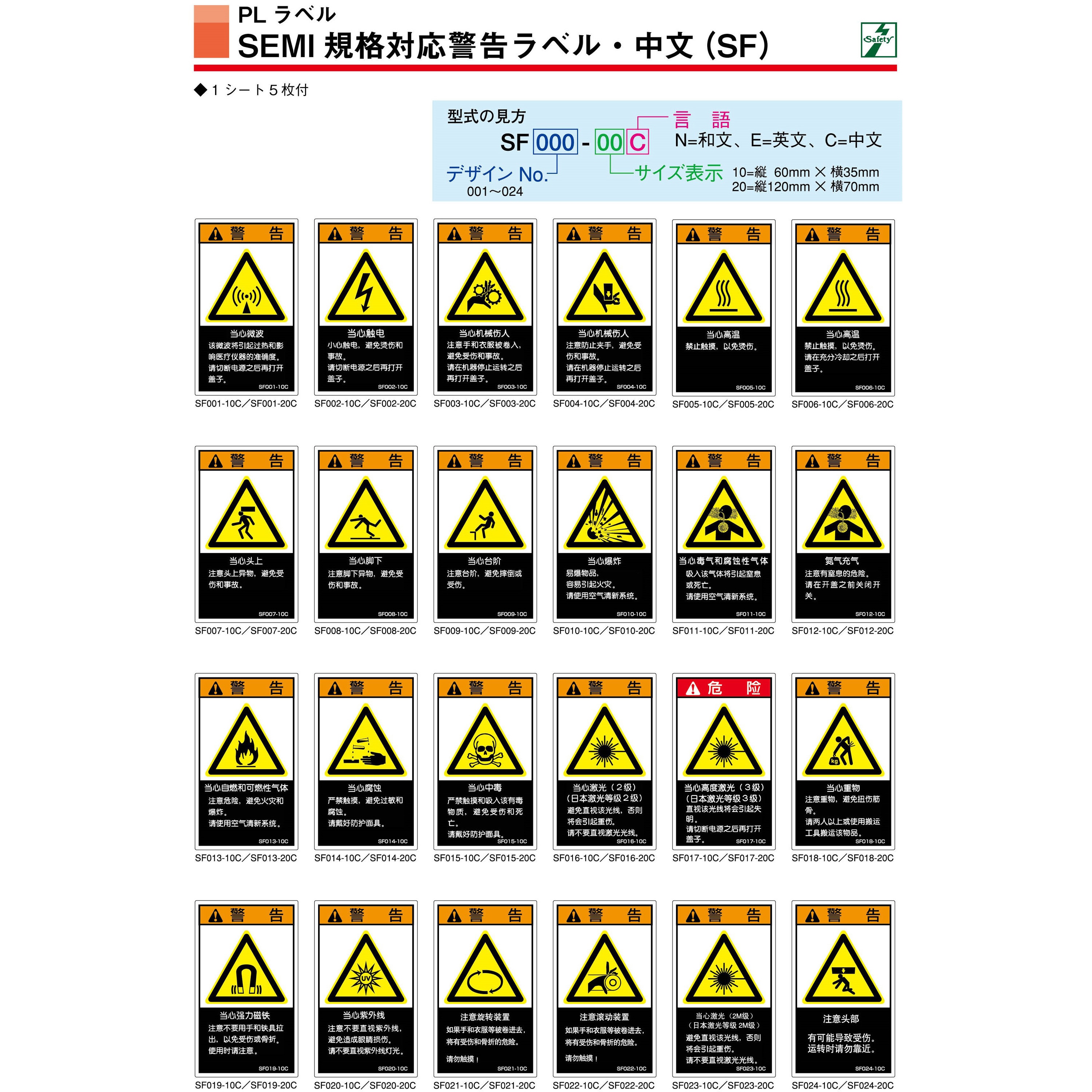SF008-10C SFシリーズ PL警告ラベル SEMI規格対応 中文 小 突起物有り