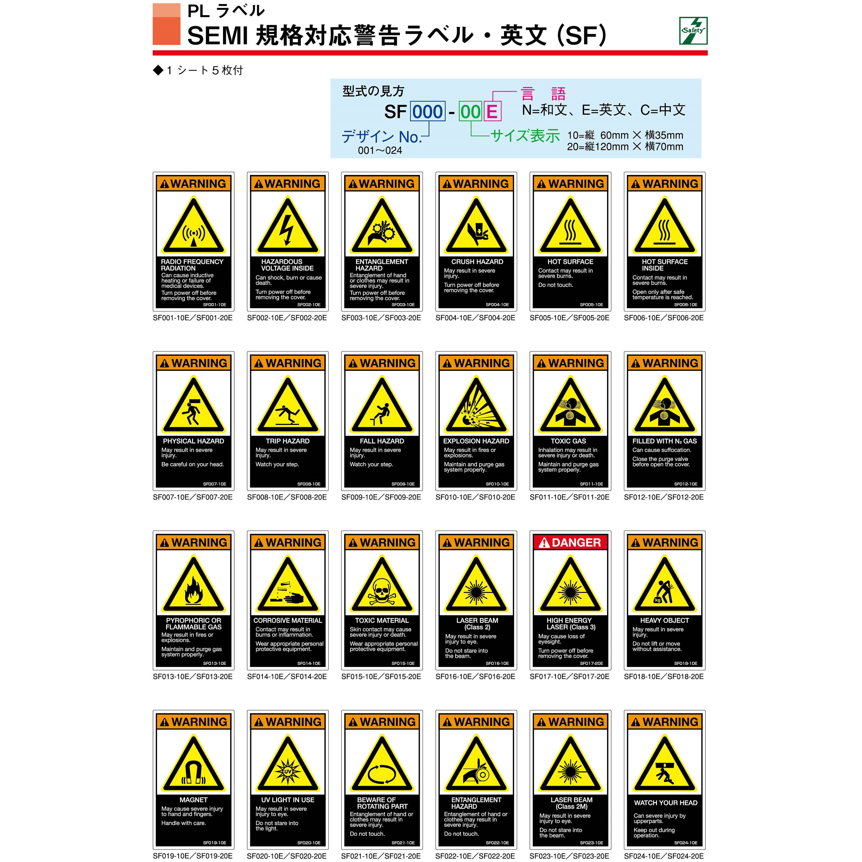 SF006-10E SFシリーズ PL警告ラベル SEMI規格対応 英文 小 高温部有り