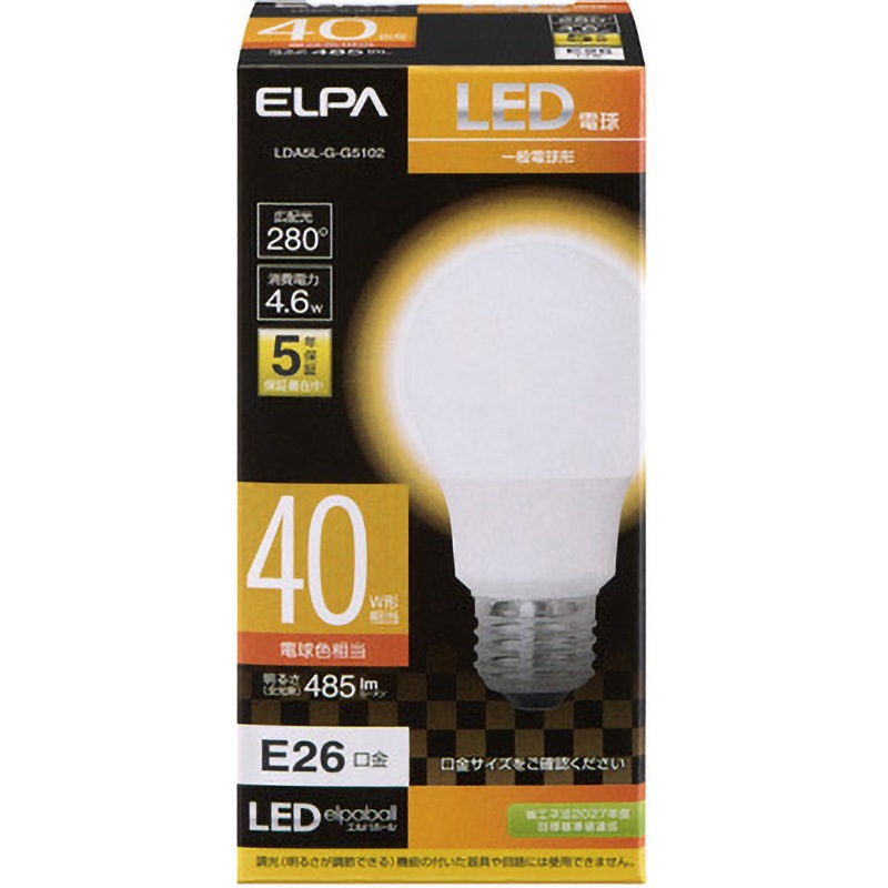 LDA5L-G-G5102 LED電球A形 広配光 ELPA 口金E26 電球色相当 4.6W LDA5L-G-G5102 LED電球A形 広配光 ELPA 口金E26 電球色相当 4.6W