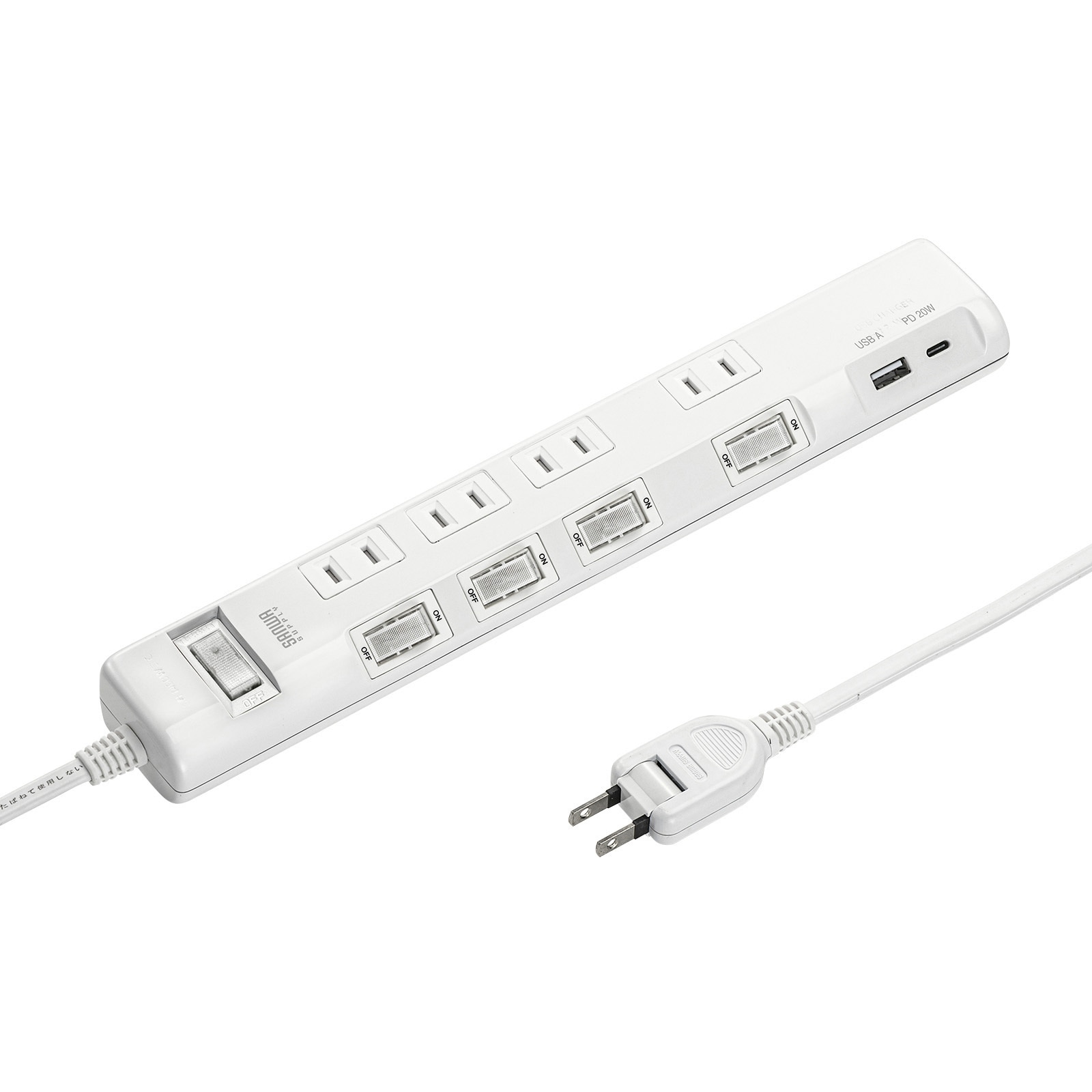 TAP-B107UC-3W 電源タップ_節電エコ サンワサプライ 2P シャッターあり スイング ホワイト色 電源コード3m   TAP-B107UC-3W