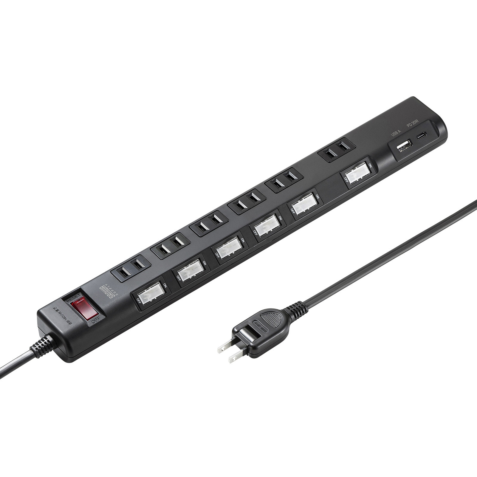 TAP-B108UC-2BK 電源タップ_節電エコ サンワサプライ 2P シャッターあり スイング ブラック色 電源コード2m   TAP-B108UC-2BK